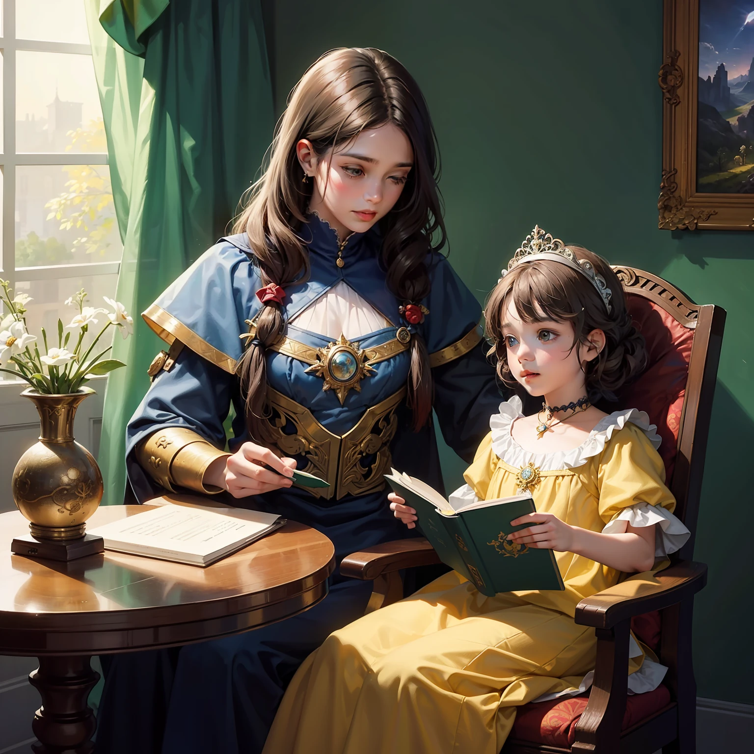 There are two children sitting on the floor reading a book, fantasy book illustration, fantasy RPG book illustration, Arte infantil em Artstation, illustration of children's books, story book illustration, illustration of children's books, retrato do livro do RPG, storybook illustration,profundidade de uma floresta encantada ao entardecer iluminando a luz do sol, perfect lighting, light particle,(melhor qualidade),(master part),(ultra detalhado),foco nítido, light particle, (2dois s) ,(siblings) , 1 menino 9 anos, pele escura, 1 menino Pietonos, cabelos lisos curtos, pele branca, expedition clothes, em uma floresta encantada ao entardecer, luz solar iluminante,::1.5 1800::4 oil painting: :1.6 fotorrealistas ::5 luz solar::4 natural lighting::1 super resolution microscopy::1 leonardo da vinci::1 Pierre Auguste Renoir::1 desfoque::-0.5 --ar 1:1 --v 4 -- qualidade 2 --estilo 1000