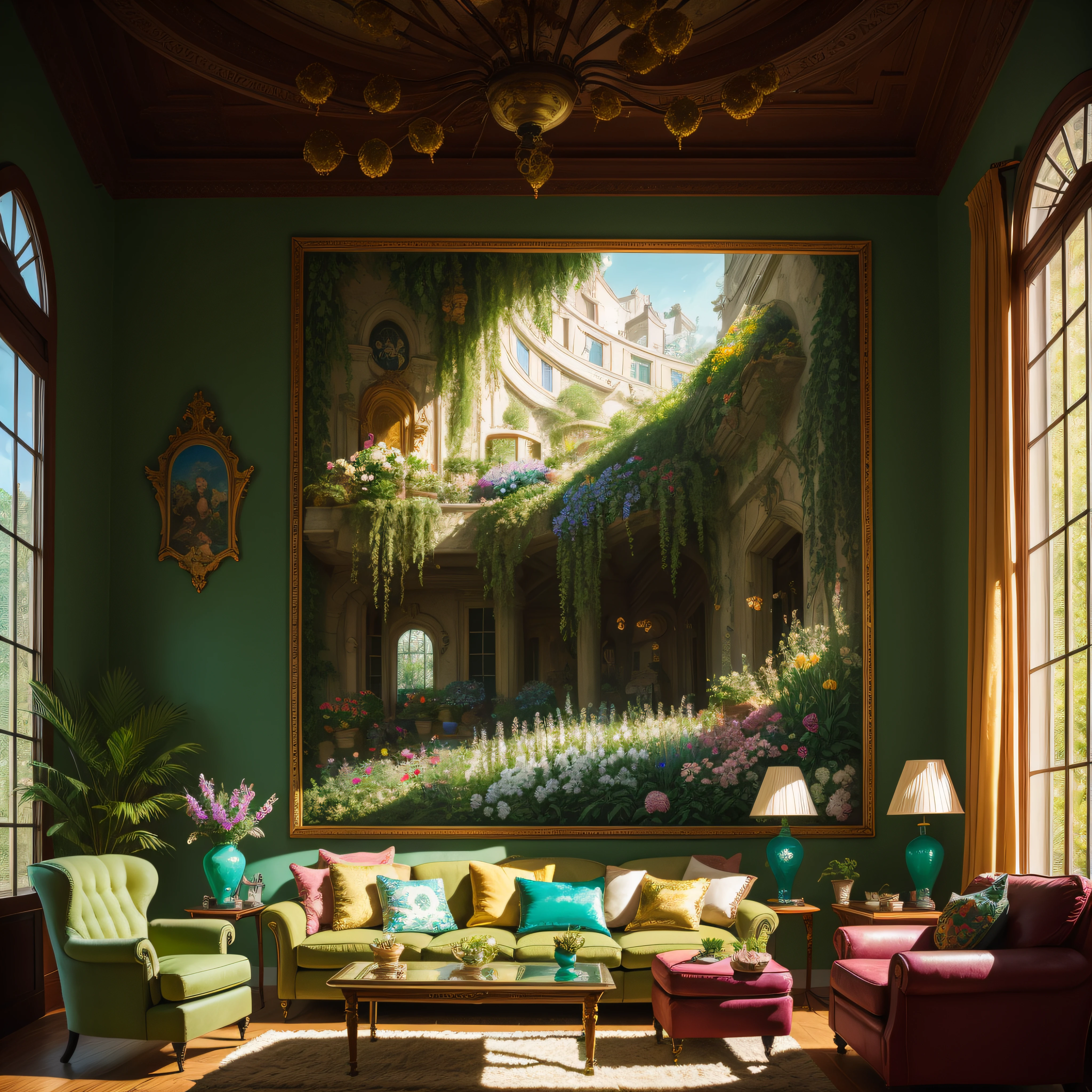 Architectural Digest photo of a maximalist green {vaporwave/steampunk/solarpunk} living room with lots of flowers and plants, golden light, hyperrealistic surrealism, award winning masterpiece with incredible details, epic stunning