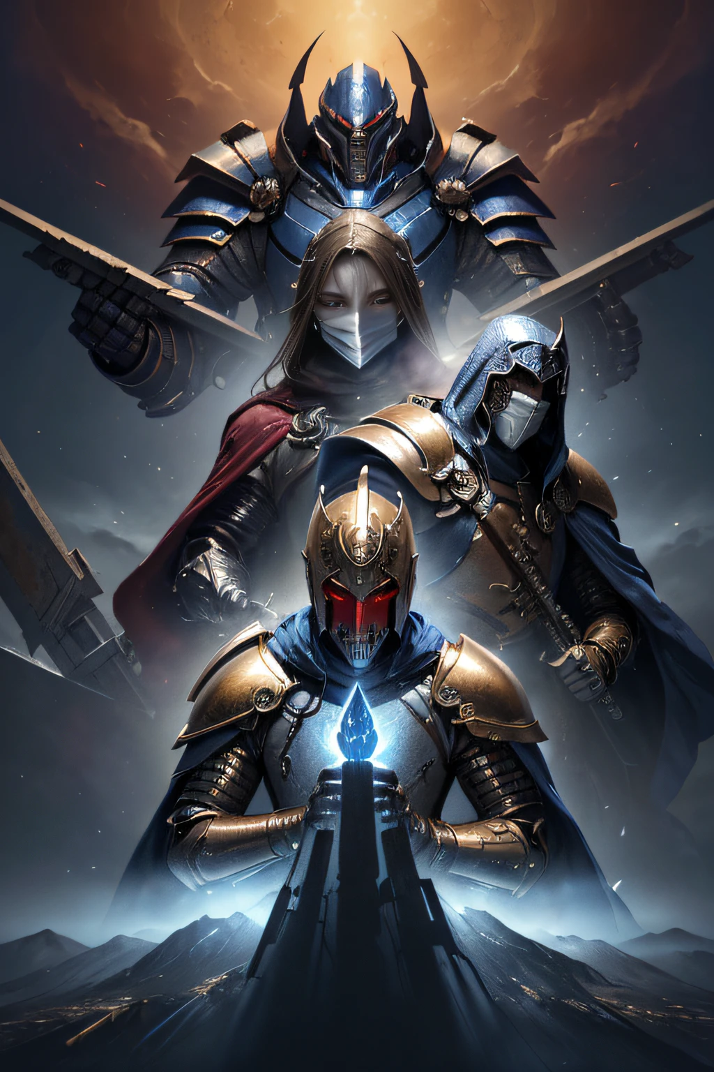 ((Isaac's cloak+gold, Silver, Blue and red armor+Male Apocalypse Knight+Messenger of Justice)+(The big mask does not show its face+Great picture))&(High-quality illustrations+Extremely detailed+The details are unbeatable+The heaviness is full)&(Strong muscles+A palatial paradise，The background is magnificent+full body armored))