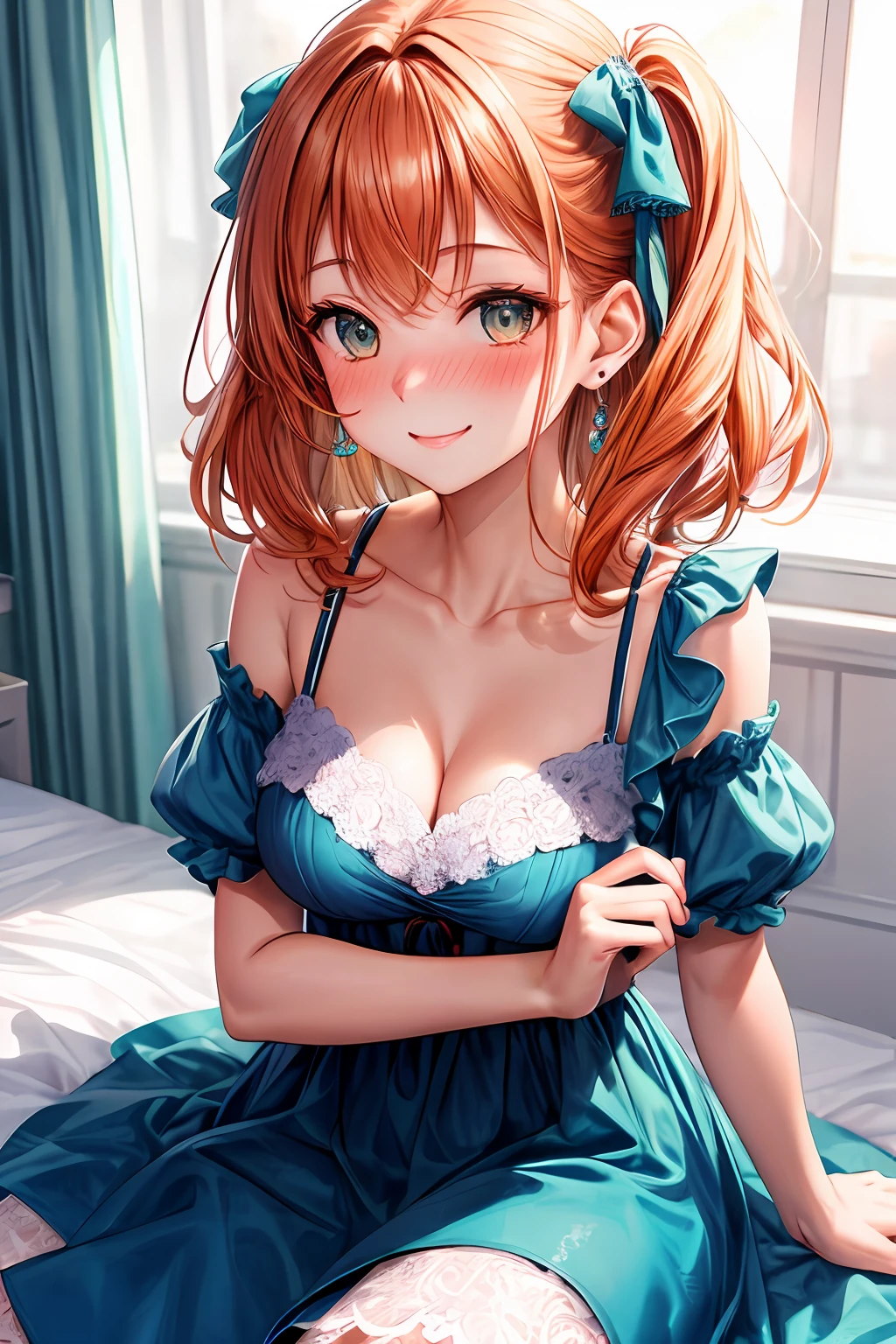 masterpiece, best quality, 1 girl, Olivia, orange hair, aqua eyes, medium hair, blue dress with white lace, medium breasts, blush, light smile, Sexual arousal, nose blush, pink
earrings