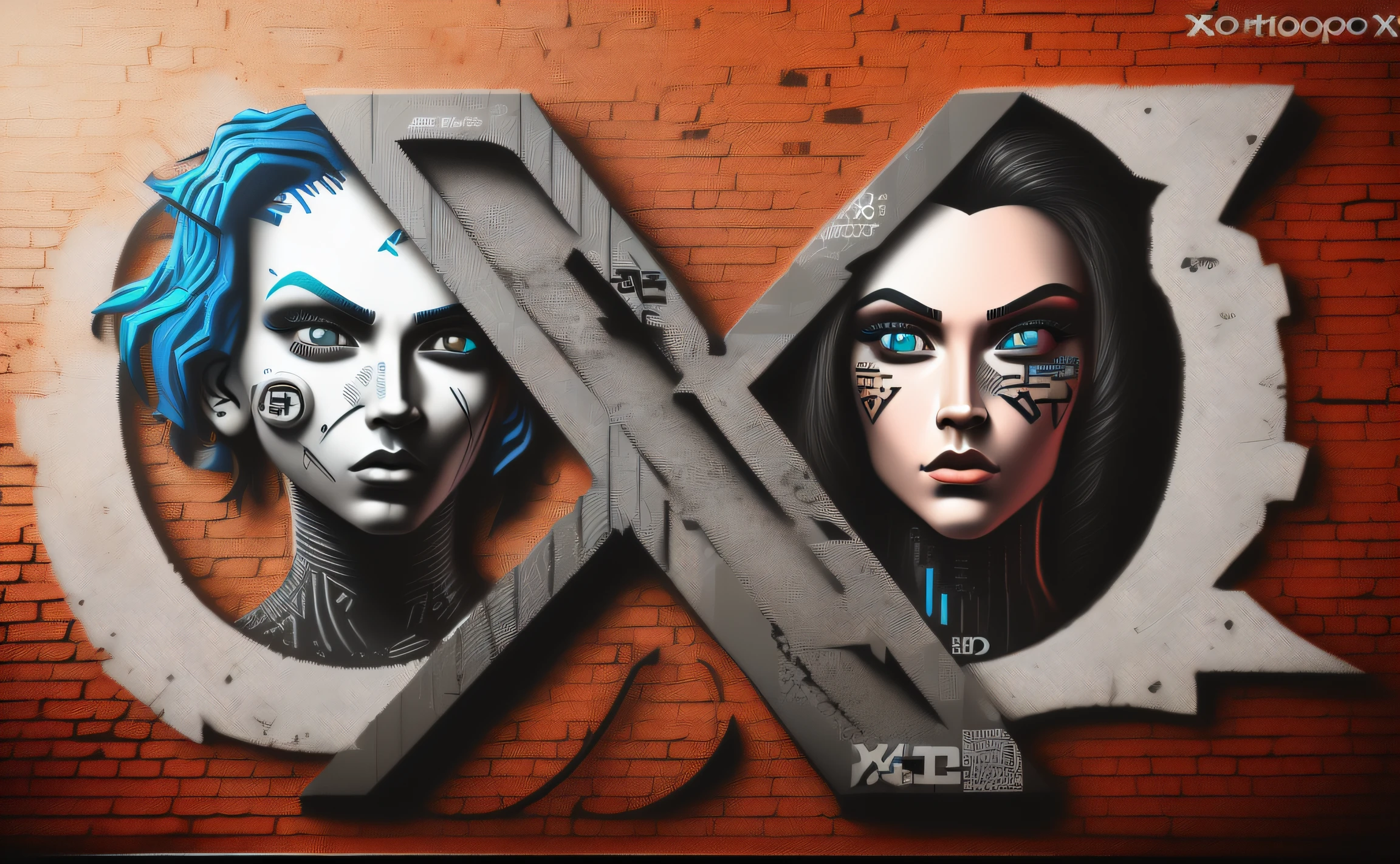 ((Logotipo X 3D )), imagem estilo grafiti de x (((Logotipo X))), tech art, ((Estilo cyberpunk, graffiti drawing)), ((arte de rua, Graffiti made on a brick wall)), ultra realista, com Fundo com rachadura na parede ultra realistas.