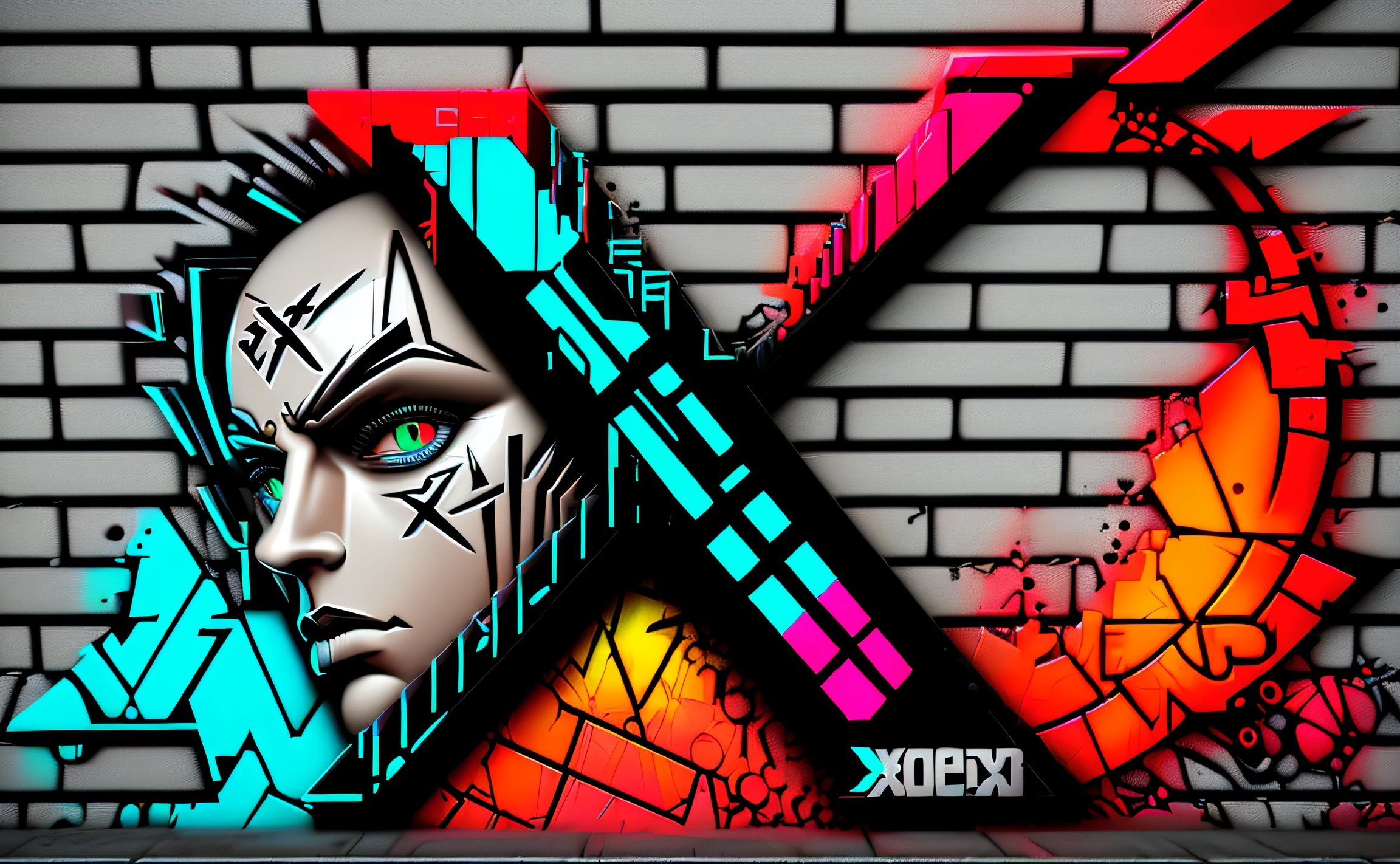 ((Logotipo X 3D )), imagem estilo grafiti de x (((Logotipo X))), tech art, ((Estilo cyberpunk, graffiti drawing)), ((arte de rua, Graffiti made on a brick wall)), ultra realista, com Fundo com rachadura na parede ultra realistas.