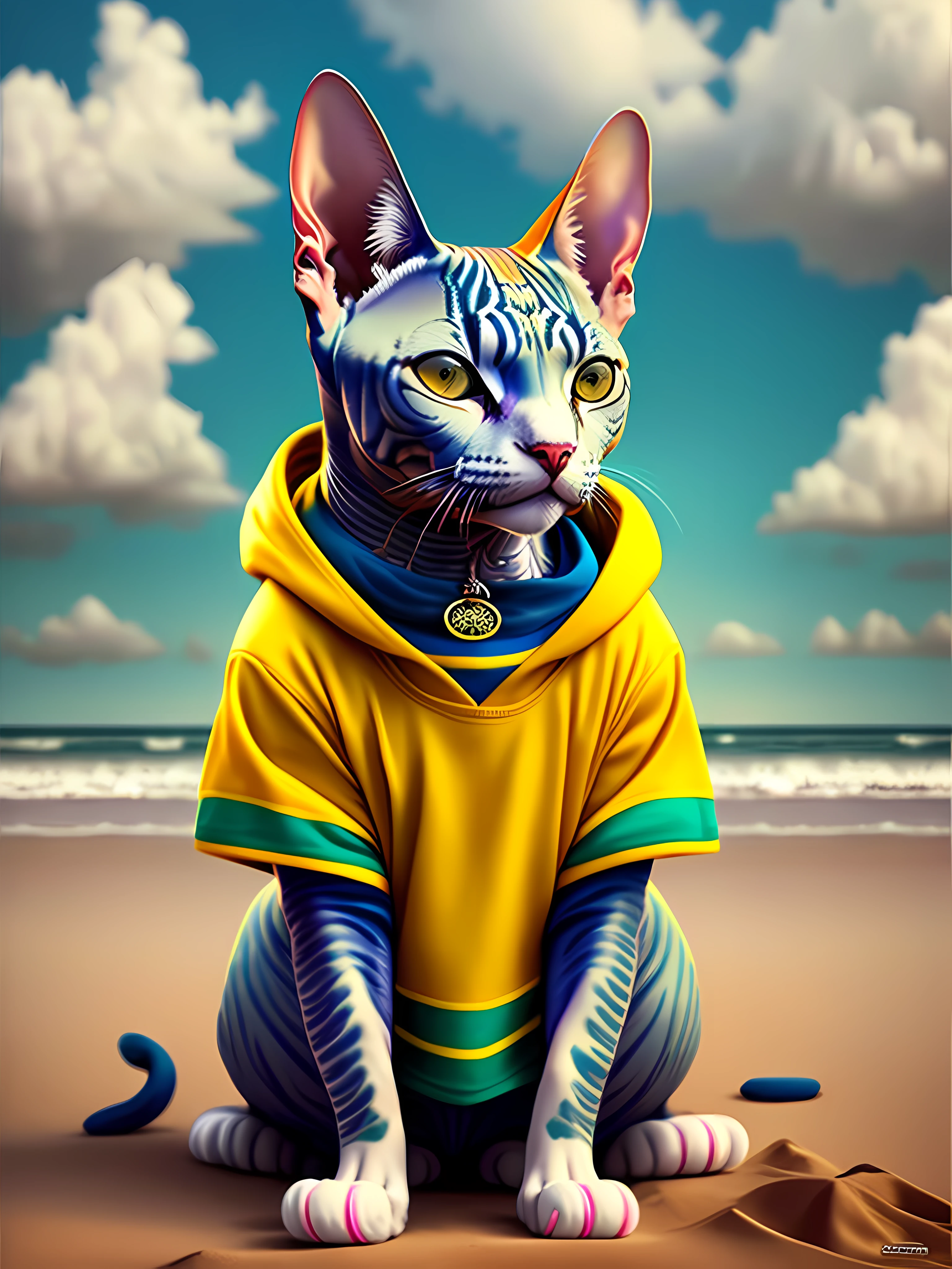 image of a beautiful Sphynx cat, trend of the art season, dressed in beach clothes, hyper realistic detailed rendering, Brazilian gang member, urban style, relaxed pose, planet of cats, fashion clothes, urban samurai, meow, west slavic traits, 8 1 5