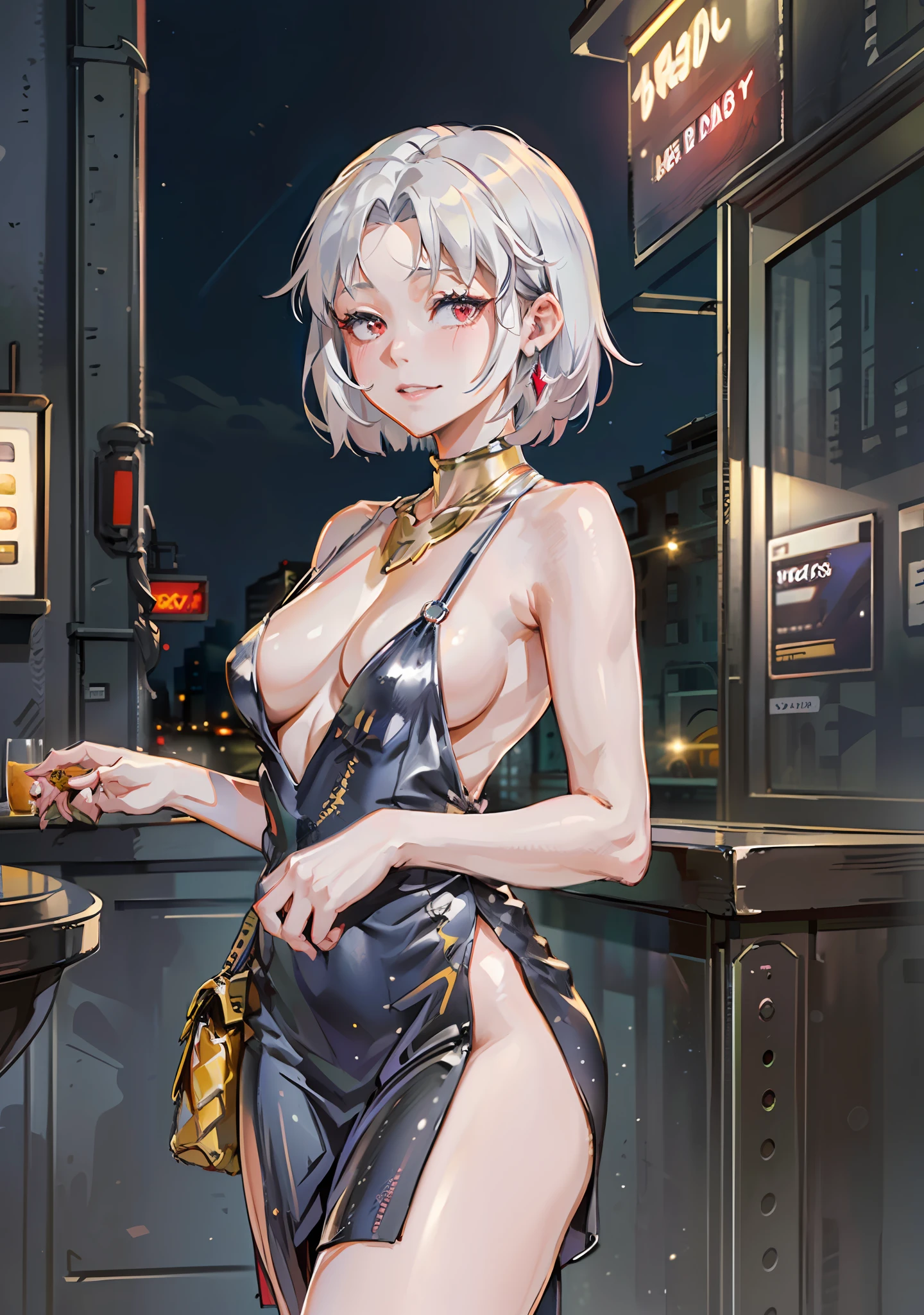 ((((masterpiece, best quality, high resolution)))), 1girl, white hair, red eyes, short wavy hair, average breasts, blush, light smile, parted lips, glow, thighs, bare shoulders, collarbone, narrow waist, cleavage, (beautiful detailed face, beautiful detailed eyes), (revealing clothes:1.0), (breasts curtain, sideboobs, plunging neckline, gold dress, backless satin mini dress, high slit cut, revealing, silver necklace, hair ornament, earrings), night sky, night light, fancy jazz bar, golden glittery dress