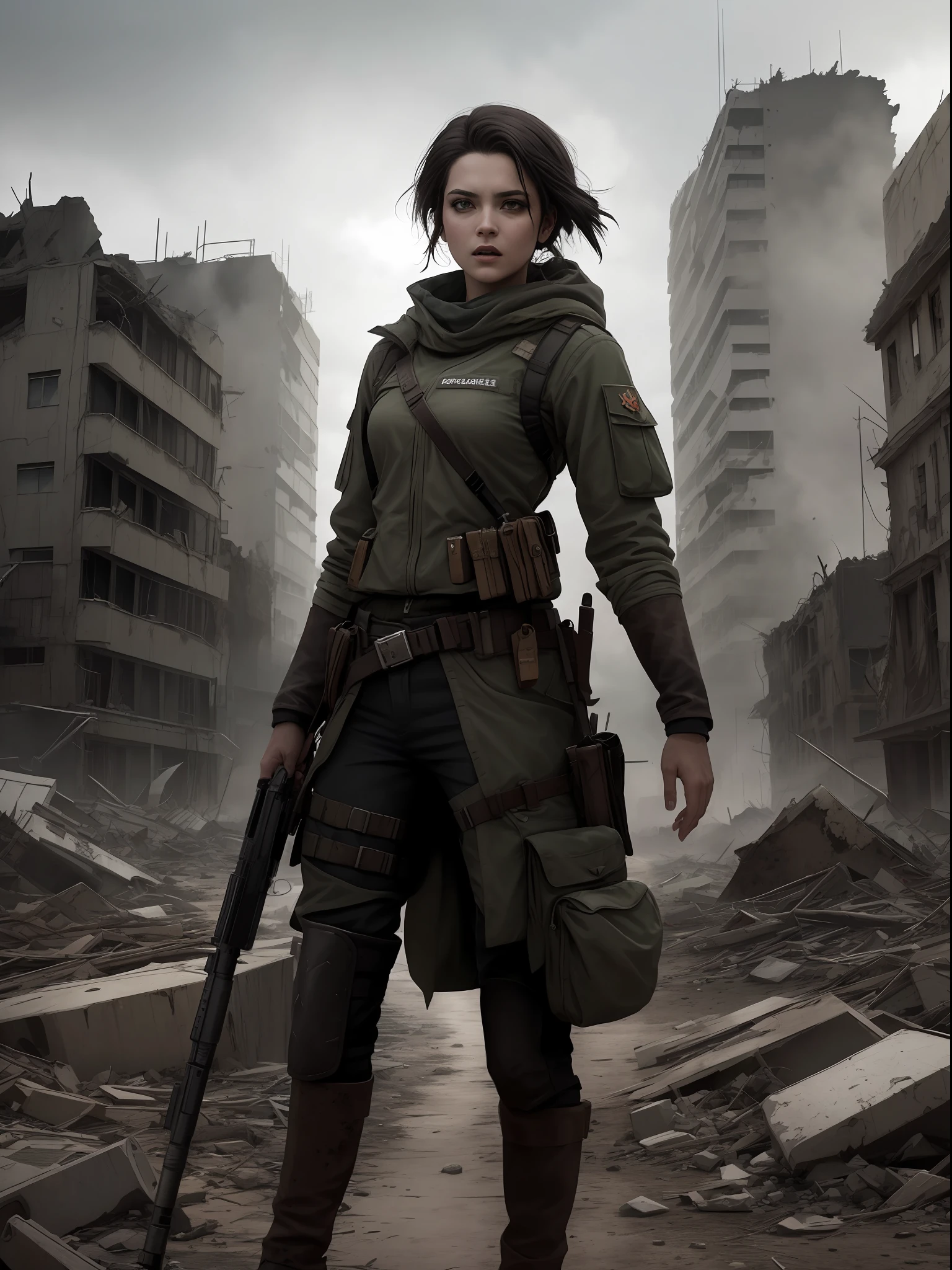 (sem escrita, sem titulos na imagem) Imagine uma capa para o livro "Fim", A Story of Survival in the Zombie Apocalypse. A capa apresenta um fundo escuro e opressivo, with vegetation of a destroyed city. No centro da capa, Destaques laura, The Fearless Villain, 29 anos, cabelos loiros, com roupa de soldado, She's in an attack pose, com o olhar refletindo maldade, com raiva. Ao redor de lauras, sombras sinistras de criaturas se destacam, conveying the constant threat she faces. The title "Fim" aparece em letras marcantes e impactantes, talvez com um efeito de textura ou sombreamento. detalhes sutis, as rubble or a symbol representative of the plot, can be added to accentuate the post-apocalyptic mood.