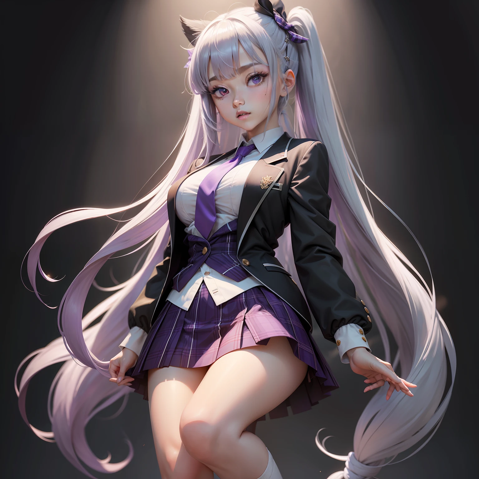 tmasterpiece， Best quality at best， high light， Eight Treasures Biren， 1girl， Virtual YouTuber， 独奏， long whitr hair， Moles under the eyes， a skirt， tiese， jaket， Purple eye， sockes， pony tails， hair adornments， white bows， Bow knot， Bow knot， blazer jacket， Very long hair， purple necktie， pleatedskirt， White  socks， hair pin， open clothes， Cardigan， 校服， knees， whaite hair， black black jacket， The shirt， collared shir， tartan， Open jacket， By bangs，plaid skirts，mini-skirts，tachi-e，white  shirt，longer sleeves，Gray skirt，nedium breasts，Plaid tie，