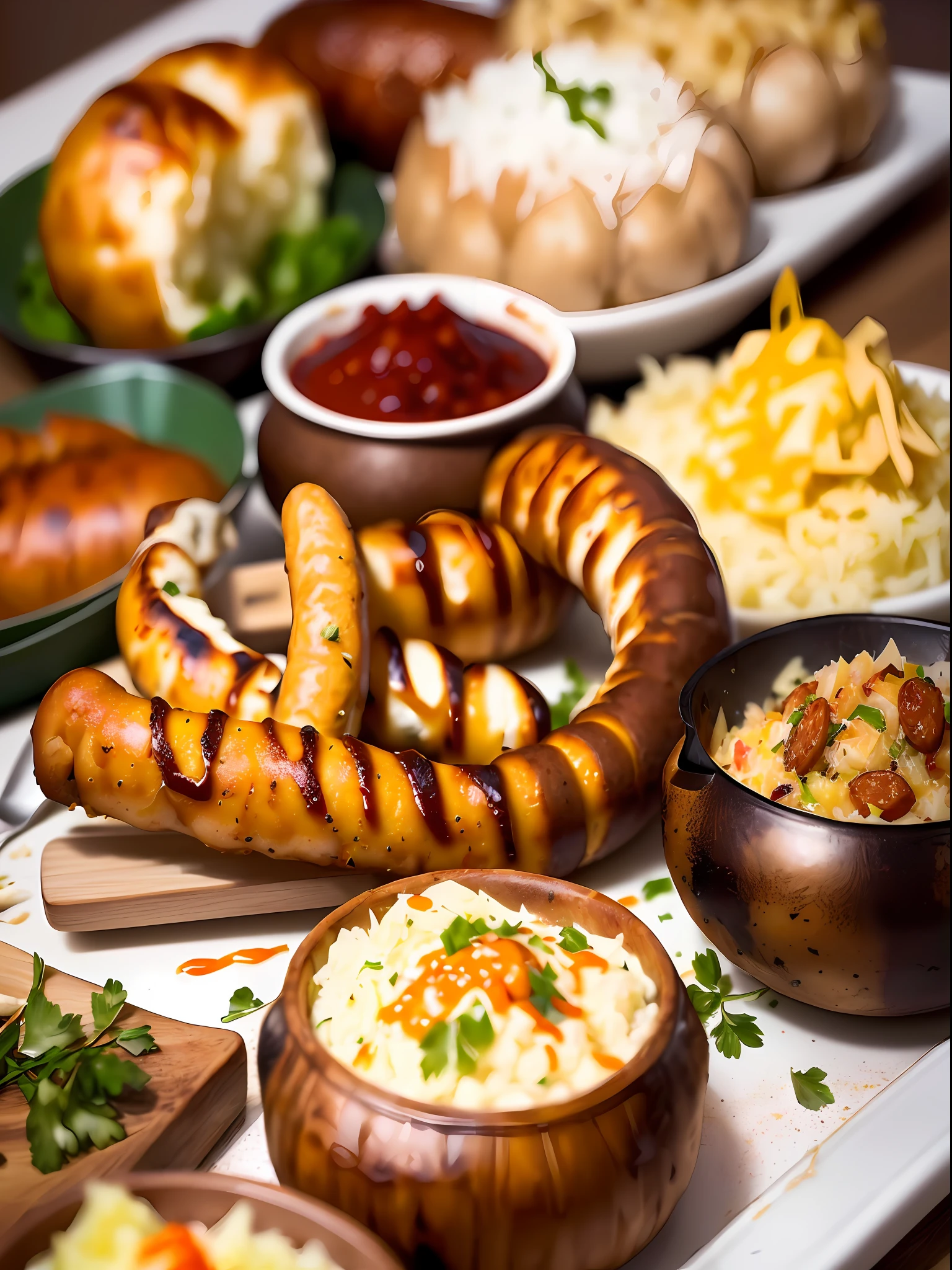 ​masterpiece，top-quality，Top image quality，realisitic，(((The image of many dishes lined up from the front)))，((Full set of dishes))，(((cooking a)))，((Lots of food))，(Potatoes)，(pretzel)，(the sausage)，(wiener)，(beer)，(mash potatoes)，(chorizo)，((sauerkraut))