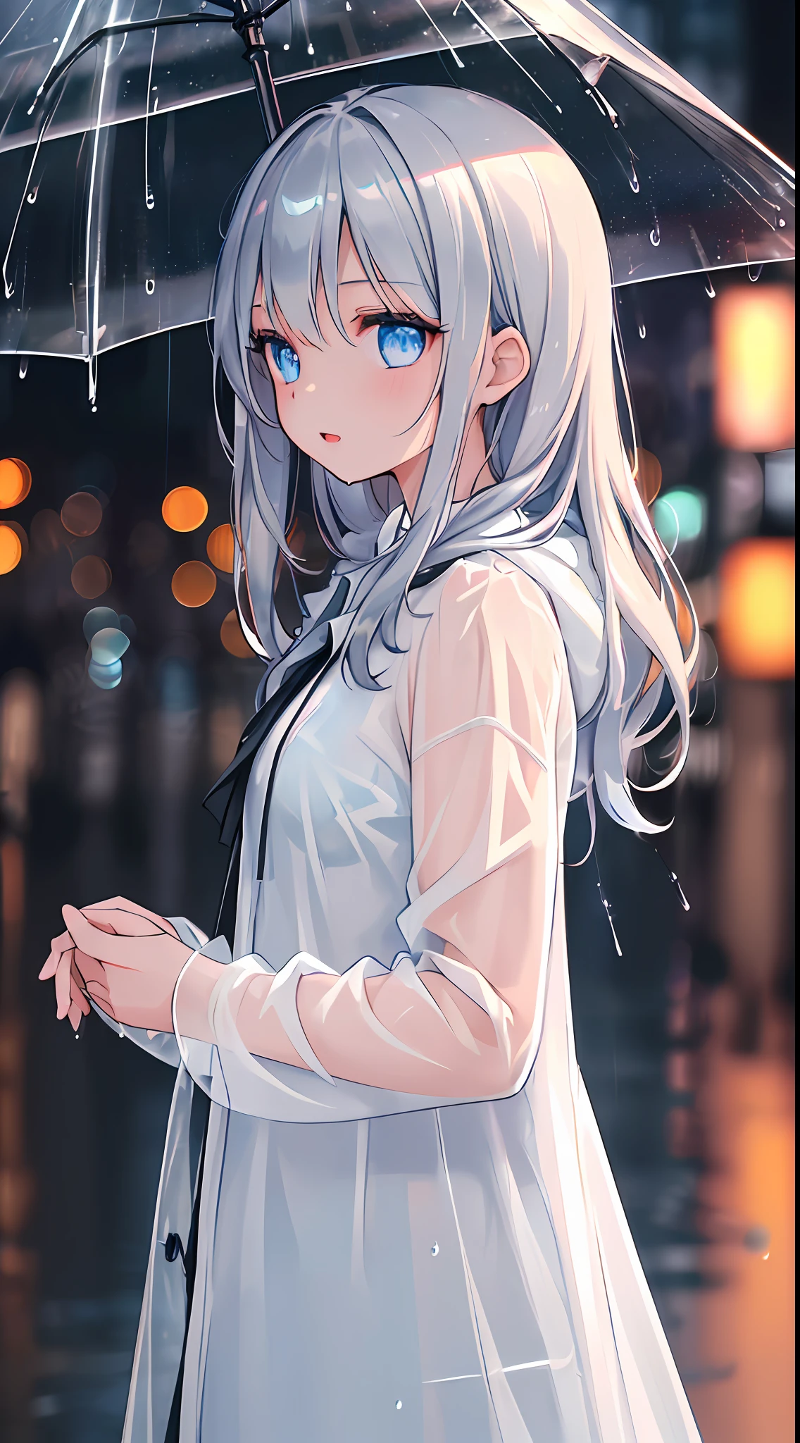 (masterpiece:1.21), (best quality:1.331), ((ultra-detailed)), ((extremely best illustration)), ((amazing)), (hyper quality), Gorgeous and rich graphics,
(extremely delicate and beautiful:1.21), 8k, wallpaper, (extremely beautiful lighting), hard light, delicate composition, (perfect conposition), (extremely beautiful and detailed background:1.21), rembrandt style expression of light and shadow, dark tone, (low-key and high-variance colorscale), ((depth of field)), deep shadow,
dynamic angle, from side, upper body, radial blur,
rain, (city lights, blurry background),
(1girl),(beautiful detailed eyes), clear blue eyes, long and silver french braid hair,
fatigues,
transparent raincoat, wet clothes and wet skin and dripping wet hair,
lens flare, string lights, street,, masterpiece, best quality,
