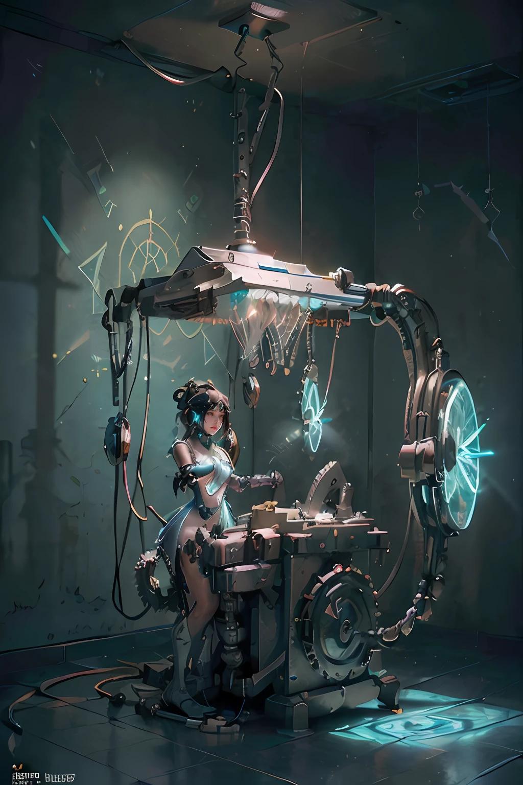 surreal, cinematic effect 8k, hyperdetailed painting, luminism, concept art,fractal isometrics details bioluminescence , 3d render, octane render,intricately detailed,cinematic, trending on artstation Isometric Centered hyperrealistic cover photo awesome full color, gritty, realistic mucha, hit definition,cinematic, ethereal background,full body, (1 mechanical girl:1.5),(transparent surfaces and skins:1.5),(many mechanical gears and electronic components inside the body:1.4),(mechanical vertebra and cervial:1.3),solo,expressionless,(wires and cables from spine to arms:1.4),(mechanical arms of surgical machine around:1.2),(Circuit boards:1.4),(character focus:1.3),science fiction,((mechanical exoskeleton)),Mecha,Karina,mecha,super_mecha