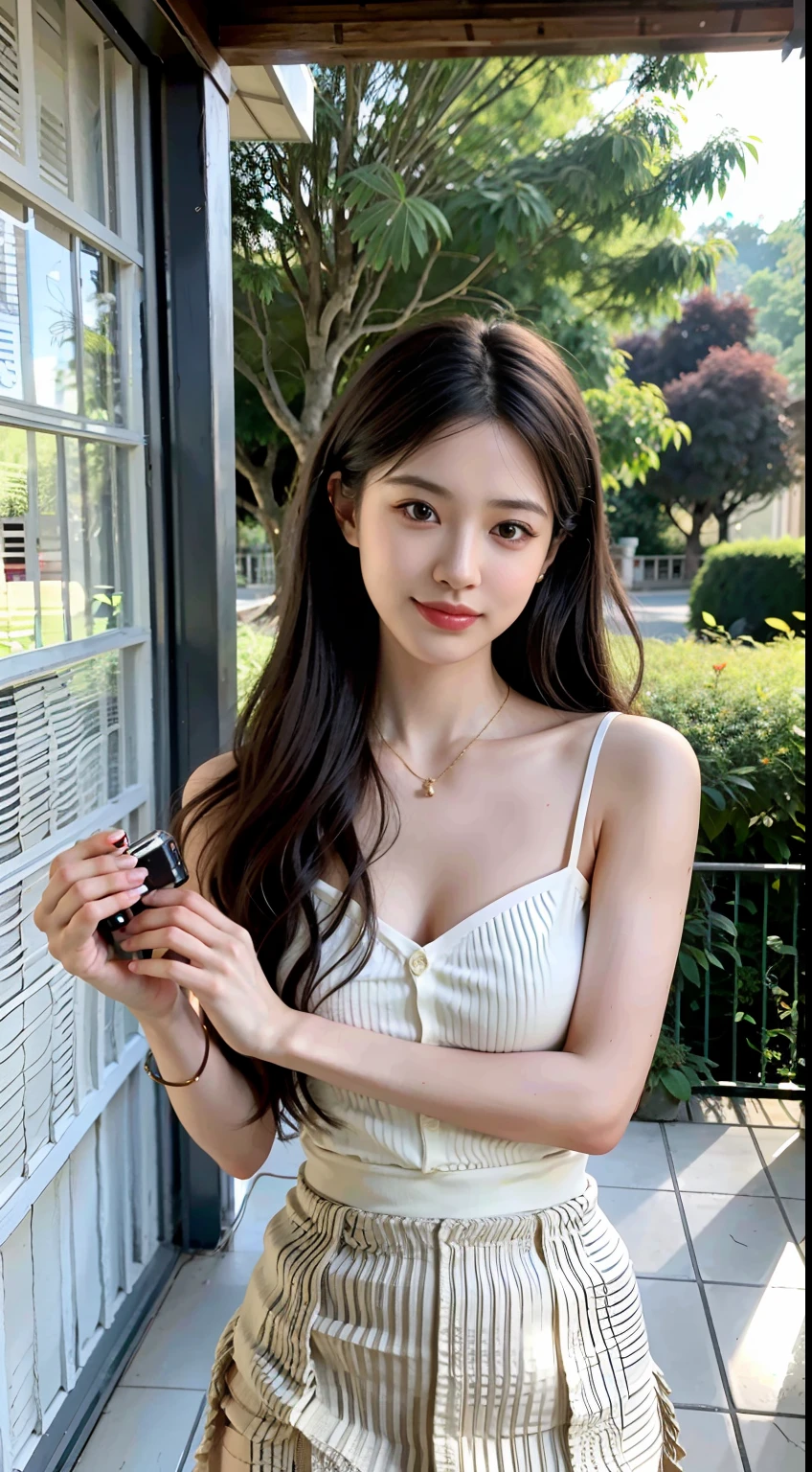 best qualtiy,tmasterpiece,Photorealsitic,8K,Highly detailed True Tone photos,Wallpapers,one-girl,(the whole:2), Natural skin texture,Beautiful tall body,Beautiful faces,Milky skin,Harnes,short skirt,(ssmile),exteriors,Night view of the Bund in Shanghai,gracefulness,natural poses,Vintage film cameras,Grain texture,Classic filters,lens flare glow,Vignetting,High picture quality,water fog,soft focus,The background is blurred out,Bokeh,Blurred spots,(the golden hour),