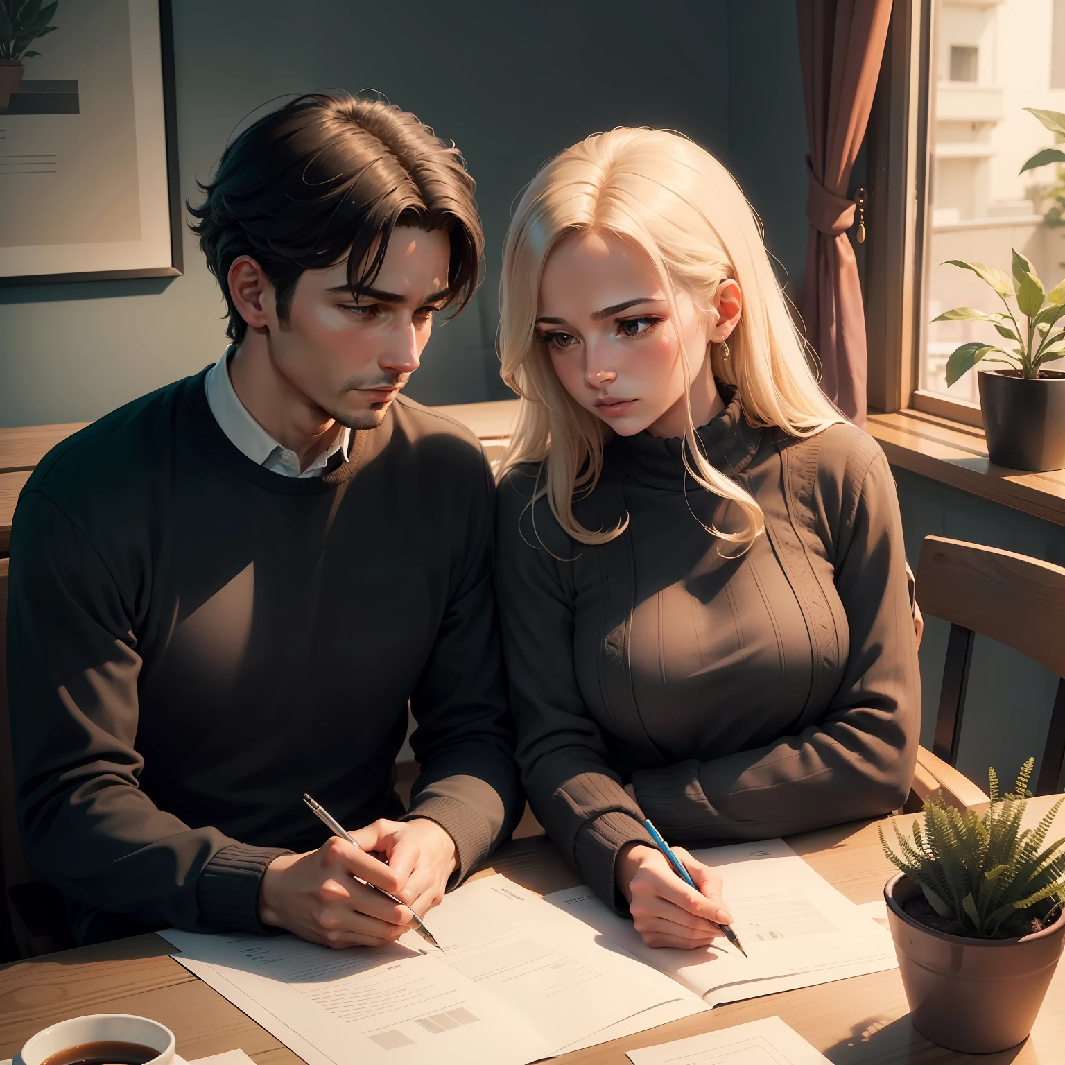 An illustrated scene depicting a couple talking about money in a serious and committed way. The two are seated in a cozy atmosphere, Like at home or in a café, and their facial expressions reflect seriousness and interest in conversation. It can be seen that they are engaged in the discussion, exchanging ideas and opinions on important financial issues.
The body language of the characters can show an open and respectful dialogue, com gestos expressivos que enfatizam suas palavras. Maybe the woman is holding a paper with financial information or charts, while the man makes notes in a notebook.
The colors of the illustration can be soft and welcoming, creating a quiet and conducive atmosphere for conversation. Detalhes sutis na cena, like a cup of coffee or a plant in the background, help add a touch of realism and intimacy to the image.
This illustration represents an important moment of communication and connection between the couple, showing that they are aligned and committed to dealing with financial issues consciously and collaboratively. --ar 16:9 --v 5