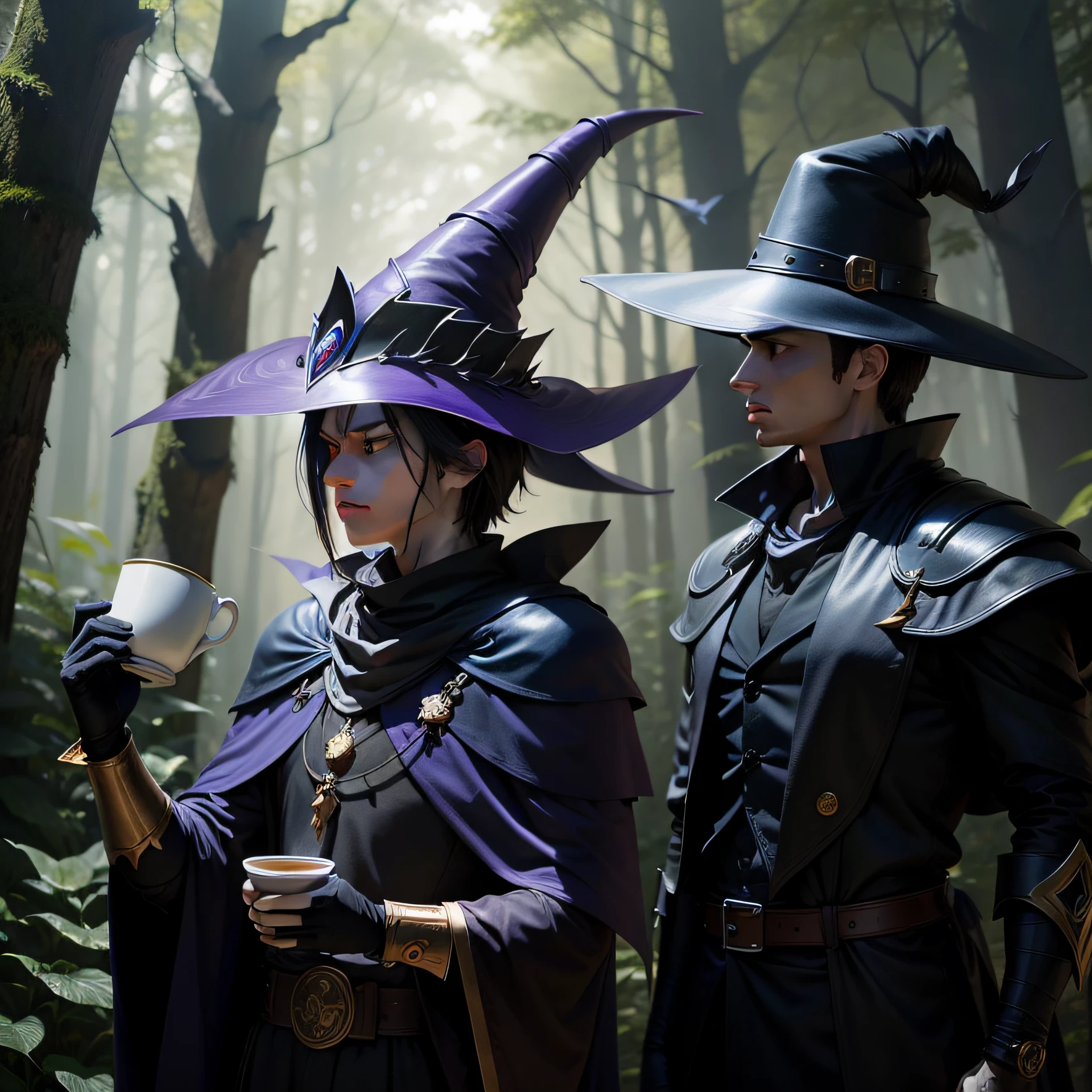 a dark magician holding a cup with a crow on his shoulder in a forest