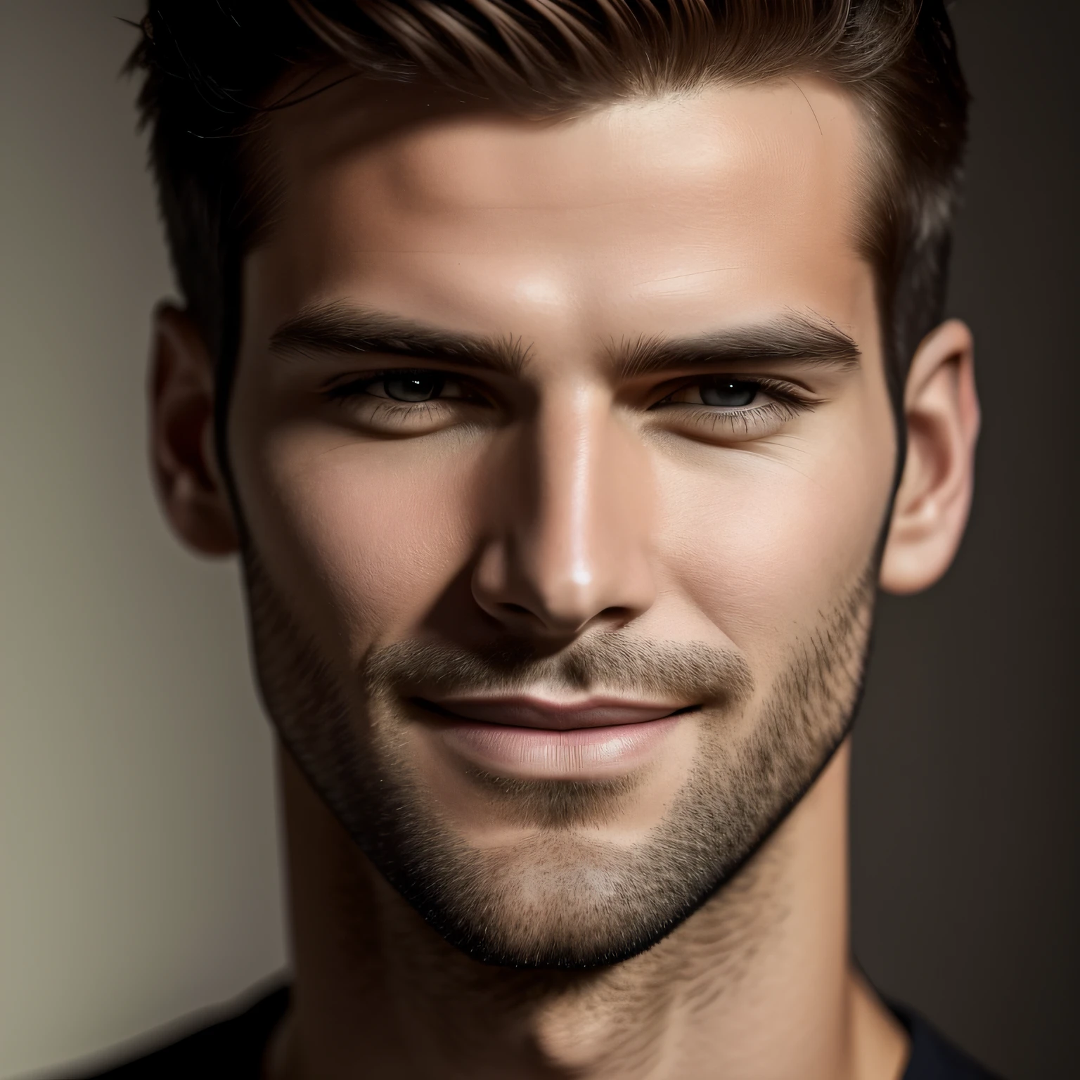 male people，​masterpiece, top-quality, A hyper-realistic, A tall,a handsome, Smiling, but mouth closed, extra detailed face, dressed casually，Half Face，Natural skin texture，The upper part of the body，Smooth Shorthair