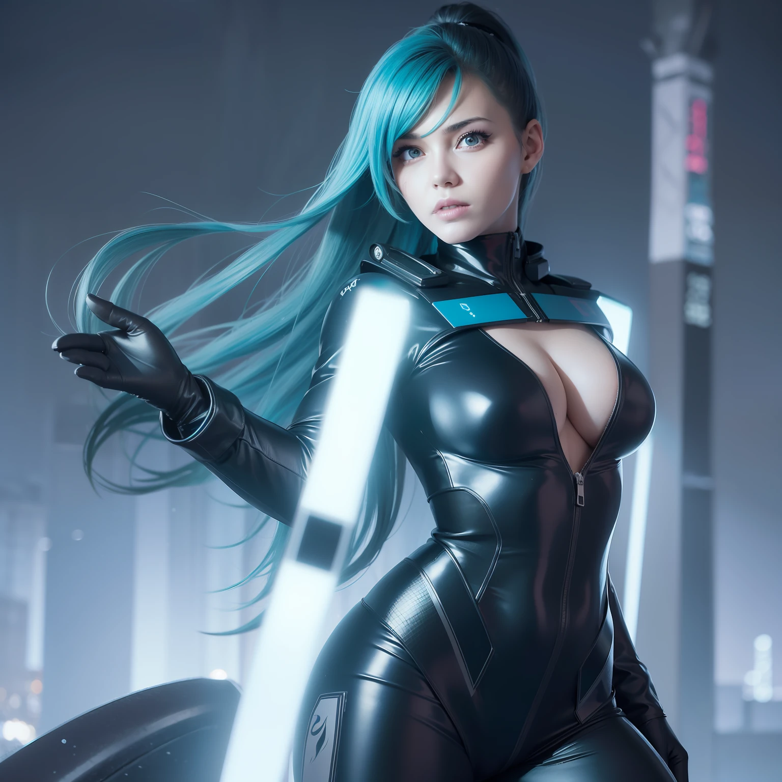 A very detailed photograph of a beautiful woman is a cyberpunk superheroine, She wears a flowing latex dress, logotipo en el pecho, Botas altas de muslo largo, Guantes sin dedos, Coletas azules, ojos verdes brillantes, Postura de lucha, Noche, Luz de la luna, lluvia, fotorrealista, Cara realista, poros de la piel, dientes perfectos, UHD, Fotorrealismo, NIKON