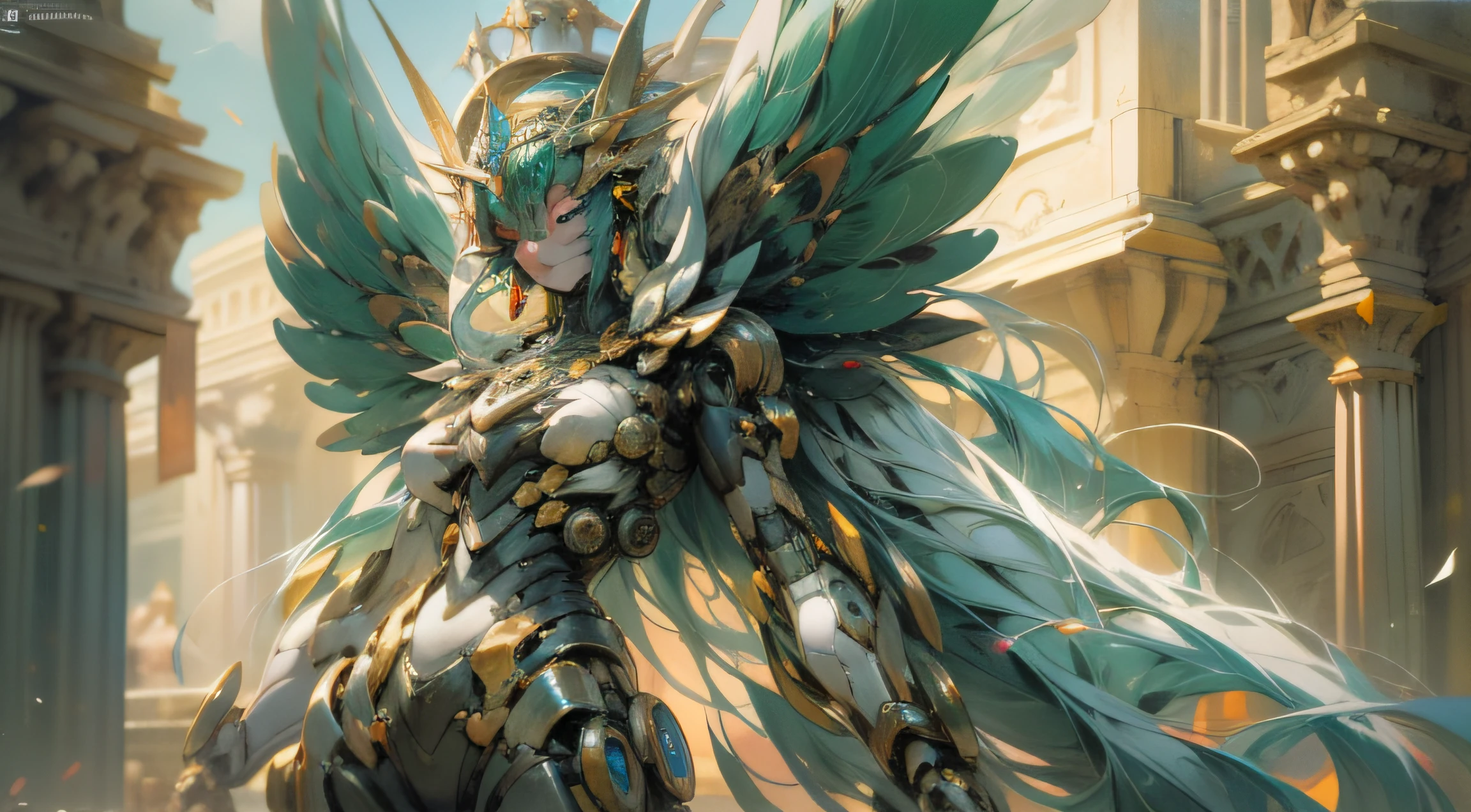 Envision a scene where the divine meets the mechanical. A full-body depiction of a giant robot, inspired by the Greek goddess Hera, stands alone in the center. The robot's body is streamlined, with elegant curves that evoke a sense of femininity and beauty. The color palette is primarily purple and gold, giving the robot an ethereal and regal appearance. A crown adorns its head, and peacock feather-inspired decorations add to its majestic aura. The robot possesses a unique ability to soothe its surroundings and stabilize people's emotions. The image should be hyper-realistic, highly detailed, and high-resolution 16k. The lighting should highlight the robot's features, casting soft shadows that accentuate its graceful curves. The composition should be shot with a wide-angle lens, capturing the robot in its entirety against a serene background. --ar 16:9 --v 5.1 --style raw --q 2 --s 750