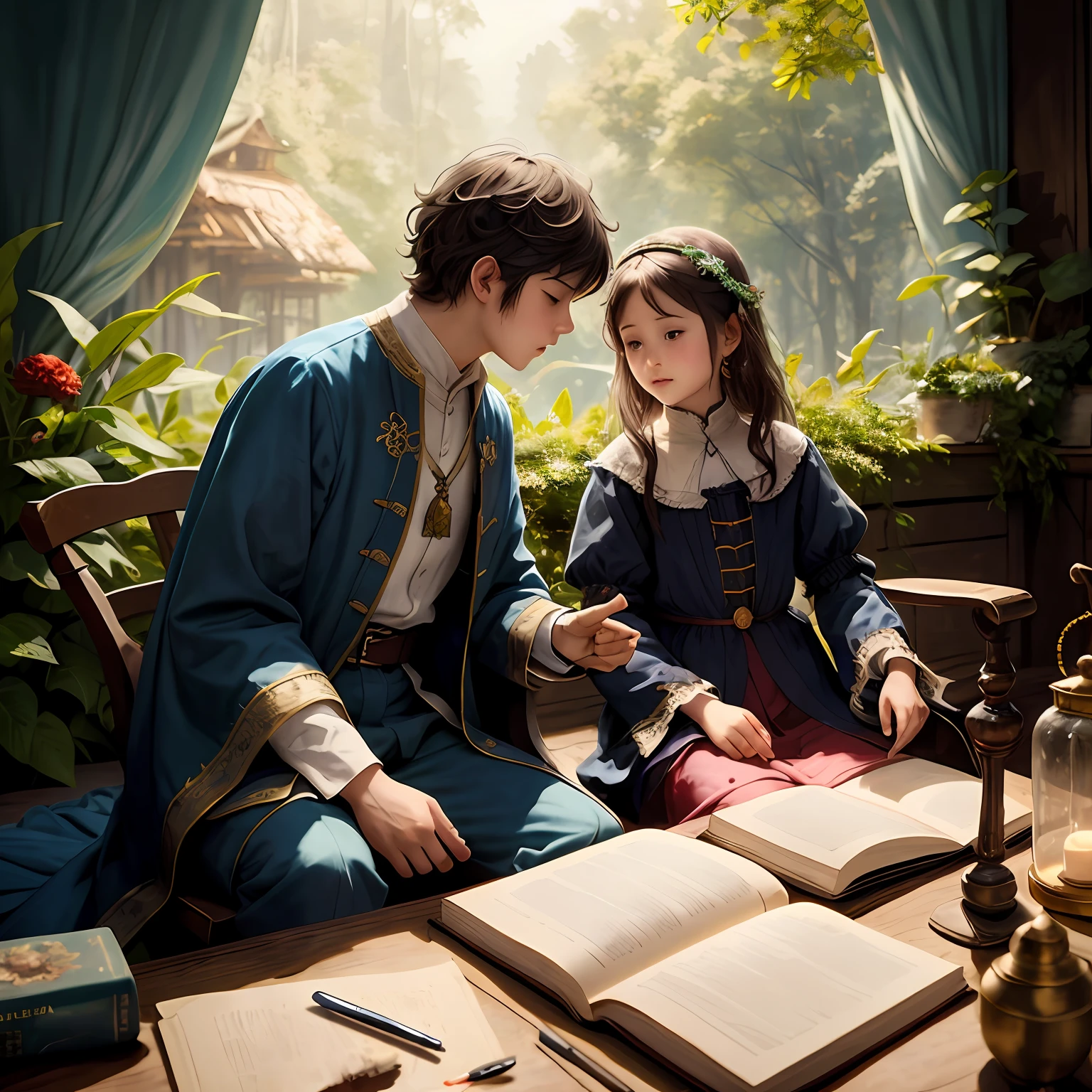 There are two in the forest holding a candle, Arte no estilo de Guweiz, Edgar Maxence e Ross Tran, wlop e ross tran, Wlop e Andrei Riabovitchev, Arte infantil em Artstation, Ross Tran e Michael Whelan, Ross Tran e Bayard Wu, painting digital adorable, Yanjun Chengt