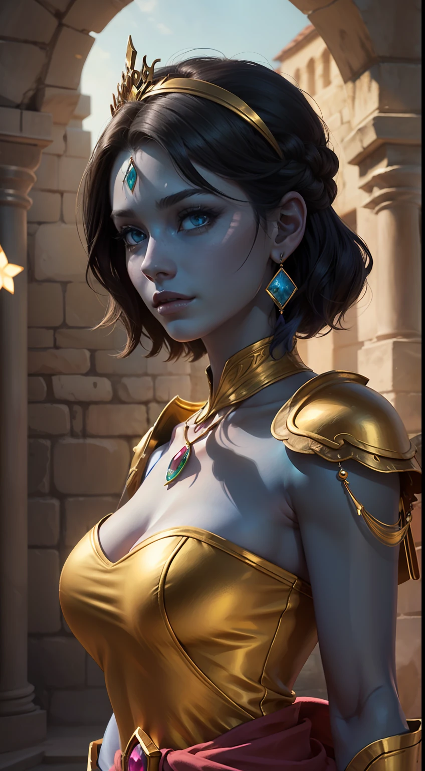 A woman, (((solo))), (18 years, blue skin, small luminous dots on the skin like stars, pink eyes, short black hair), (Arabic features, thin face, small eyes), (wears a golden armor, with a long white and pink dress, diadems of precious stones on her head, wears earrings of gems), (is in a castle of marble and gold), maga RPG, closeup, gigantic breasts, blue skin, bluegirl
