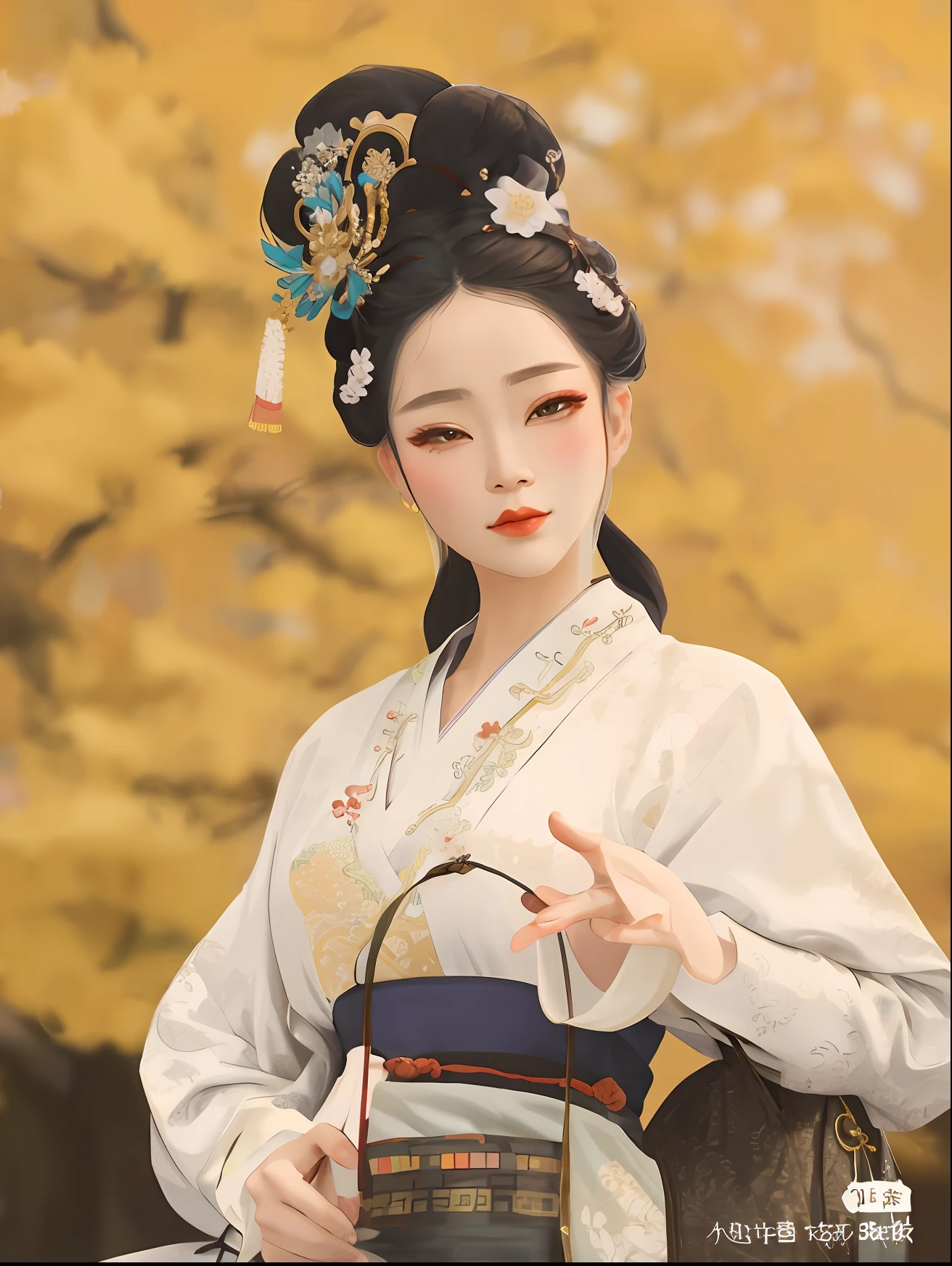 Arad woman in kimono dress holding purse, Hanfu, Palace ， A girl in Hanfu, Wearing ancient Chinese clothes, White Hanfu, ancient chinese beauti, Traditional Chinese clothing, ancient china art style, autumnal empress, Princesa chinesa antiga, Beautiful rendering of the Tang Dynasty, Chinese style, with acient chinese clothes, Tang dynasty, a beautiful fantasy empress