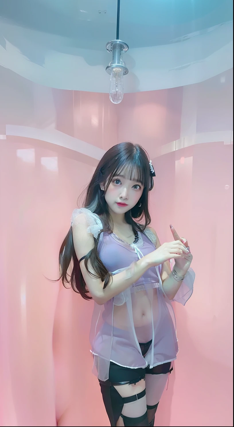 Masterpiece, highest quality, high resolution, interior, detail maniac, high definition, high quality, detailed face, detailed body limbs, detailed five fingers, 1girl, solo, Hinata Hinata, Hyuga sleeveless clothing, bed, sleeveless shirt, fishnet garment, dark lips, unzipped jacket, no bra, tong, exposed breasts, blushing, white light stockings, transparent clothes, exposed pubic hair, camel fingers,