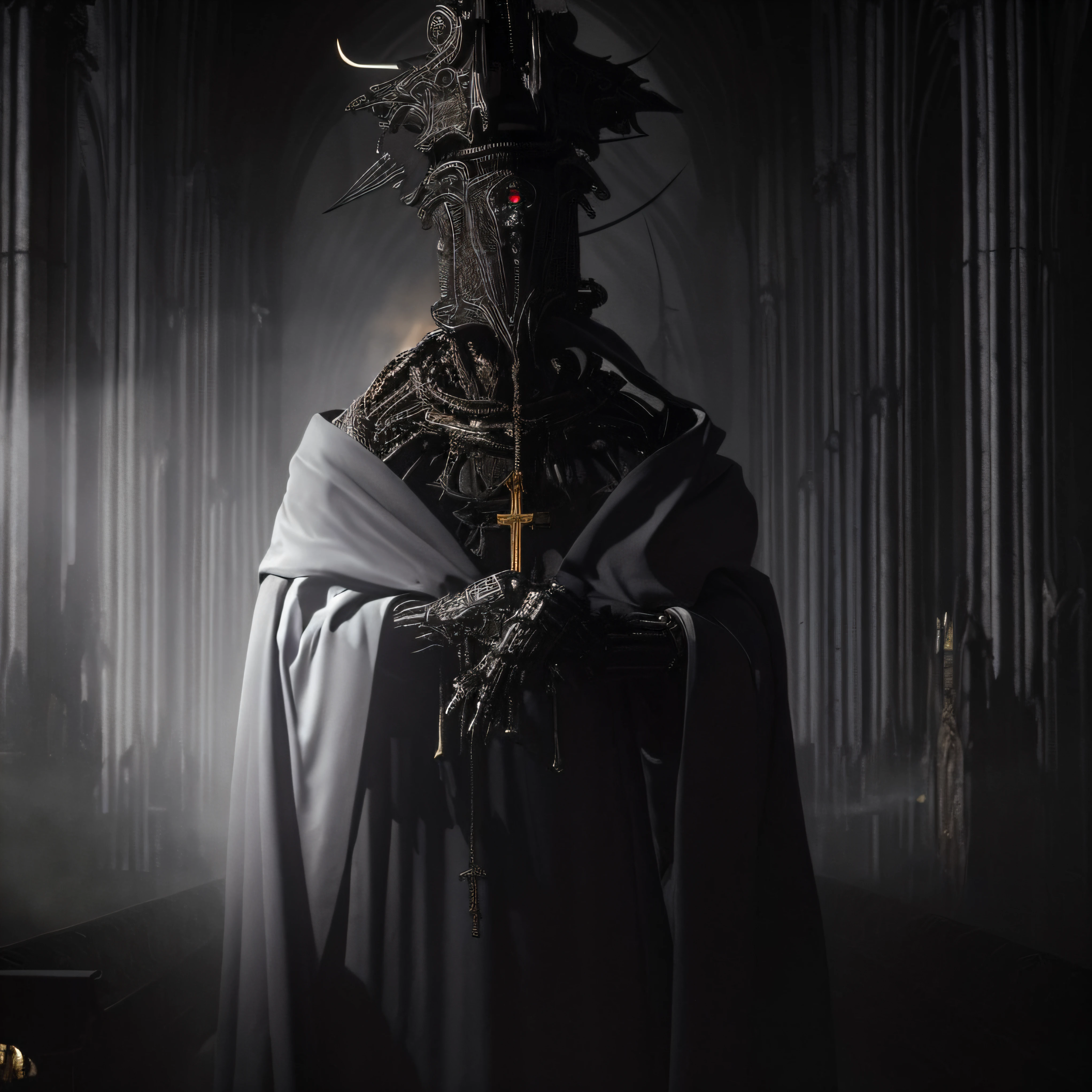 Image of a sinister robot dressed in a dark robe and a crucifix hanging inside a dark Gothic cathedral, o Senhor das Trevas, Arte negra barroca, Neo-Gothic concept, robot bishop guards, robot pope, Cyberpunk ortodoxo, Directed by: Adam Marczyński, Nenhum estilo de h r giger, Estilo de armadura de Giger, Sacerdote das Trevas, em estilo de giger, Behemoth