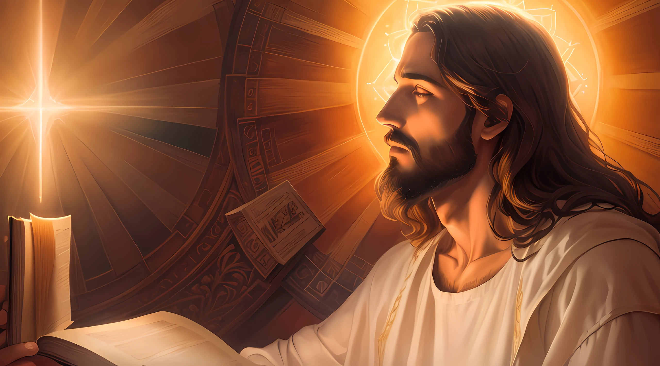 Imagem de Jesus lendo um livro com uma luz brilhante, irradiando luz dourada, bible illustration, Luz gloriosa, Jesus Cristo em Mass Effect, fan art, banhado em luz dourada, Directed by: Artur Tarnowski, sun behind him, Raios de Luz Sagrada Sagrada, Retrato de Jesus Cristo, Luz majestosa, glorious illumination, Jesus Cristo, Fanart, luz piedosa