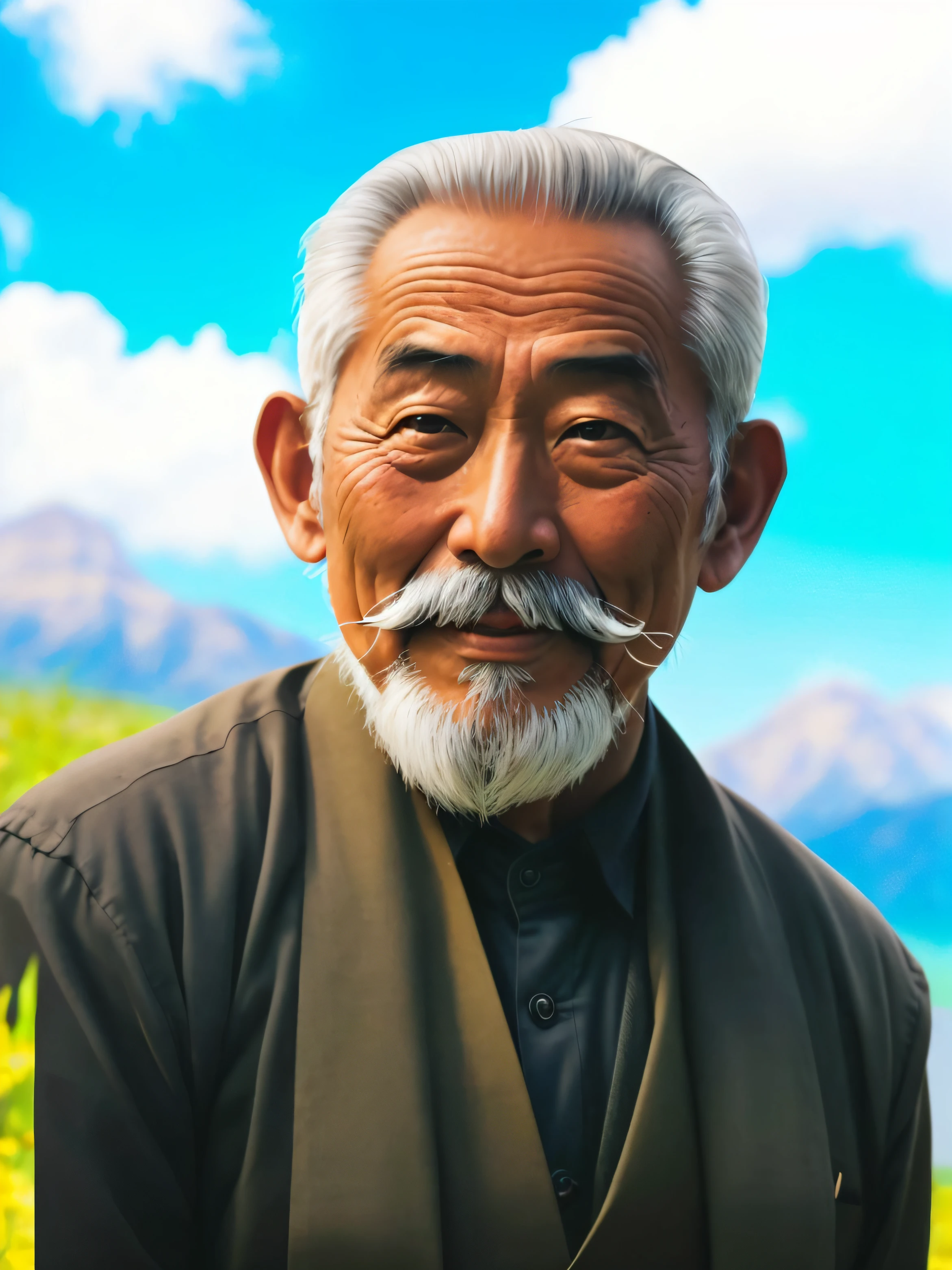 Draw a man with a mustache and mustache in a field, hyper-detailed portrait, old man portrait, Inspired by Hu Zaobin, high quality portrait, Wise old man, Inspired by Cao Zhibai, closeup character portrait, inspired by Kōshirō Onchi, character portrait closeup, riichi ueshiba, Digital Painting Photosho——————