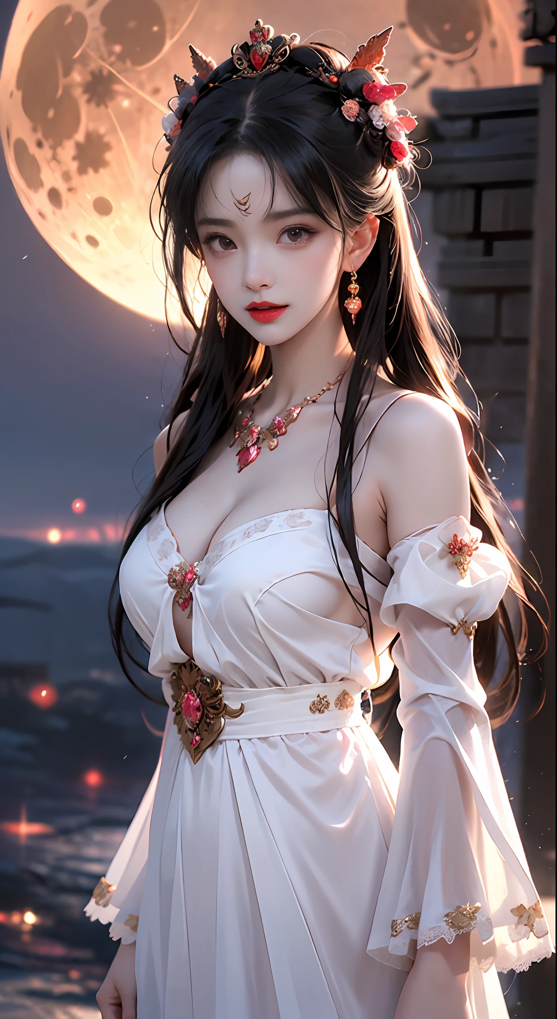 1 adult empress wearing a red lace top, deep-breasted nightgown, Chinese-style clothes, ancient costumes with many phoenix patterns, flawless pink and white face, crowned head, hip-length black hair , very beautiful and sharp brown eyes, small red lips, painted lips, closed mouth, jewelry worn around the neck, earrings, white and even teeth, high nose, big round breasts, the girl's body is covered with water on chest, long legs, thin mesh black socks, portrait, most realistic, highest quality, best pixels, 8k ultra , (clear super big moon background: 1.8)