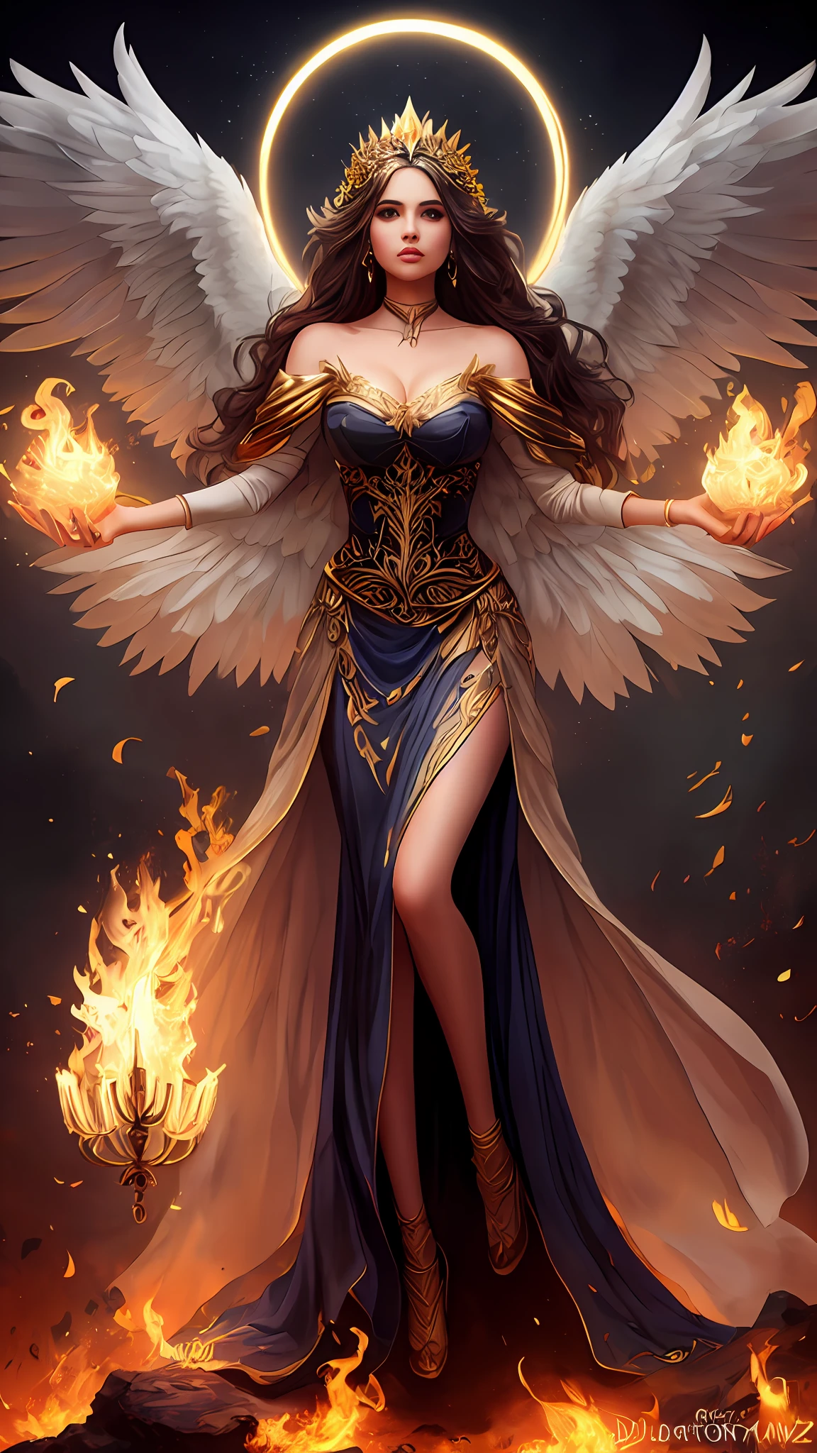 Una mujer con un vestido con alas y una corona en la cabeza, con ardientes alas doradas en llamas, full - body majestic angel, fantasy art behance, aparece como la diosa del fuego, Diosa de la ira, beautiful female angel, Immensely beautiful female angel, Diosa del Fuego, profundamente hermoso, Ganador del concurso CGSOCIETY!!, (face of Eiza González Reyna: actriz y cantante mexicana) Ganador del concurso CGSOCIETY!!!, Tendencia en art-station y concepto de arte, gran obra maestra,