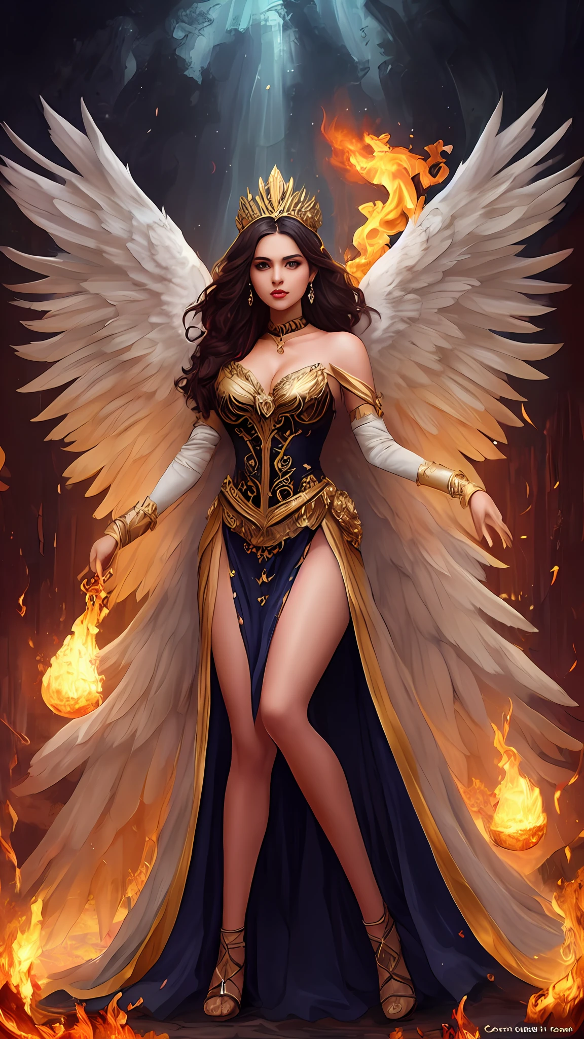 Una mujer con un vestido con alas y una corona en la cabeza, con ardientes alas doradas en llamas, full - body majestic angel, fantasy art behance, aparece como la diosa del fuego, Diosa de la ira, beautiful female angel, Immensely beautiful female angel, Diosa del Fuego, profundamente hermoso, Ganador del concurso CGSOCIETY!!, (face of Eiza González Reyna: actriz y cantante mexicana) Ganador del concurso CGSOCIETY!!!, Tendencia en art-station y concepto de arte, gran obra maestra,