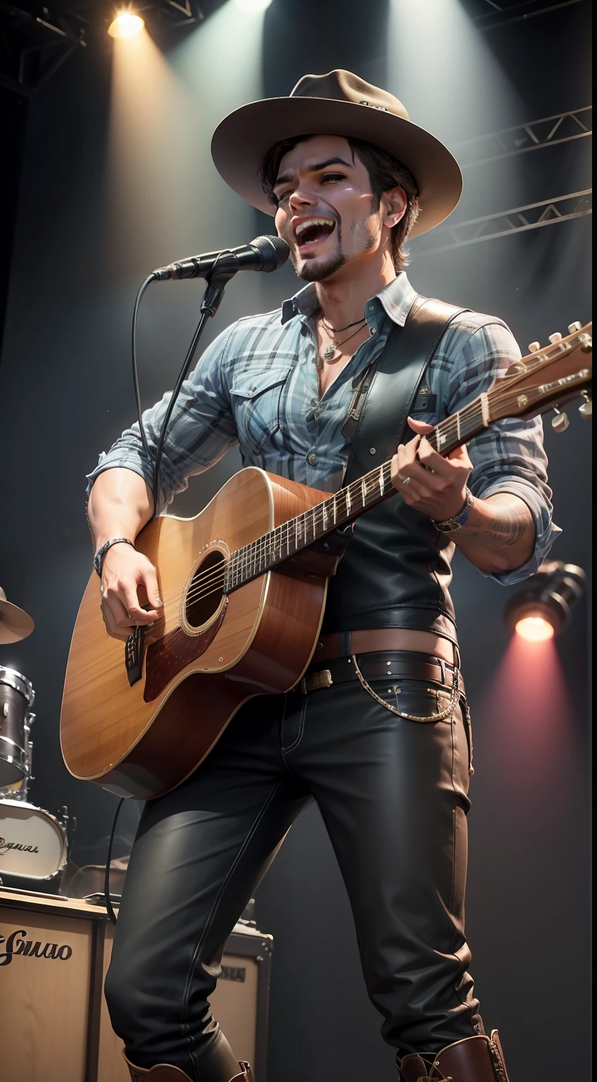 Crie uma imagem futurista de um cantor sertanejo idoso talentoso, wearing leather boots and hat and a plaid shirt, enquanto dedilha habilmente as cordas da guitarra vermelha, conveying all the excitement of the song to your fans around.