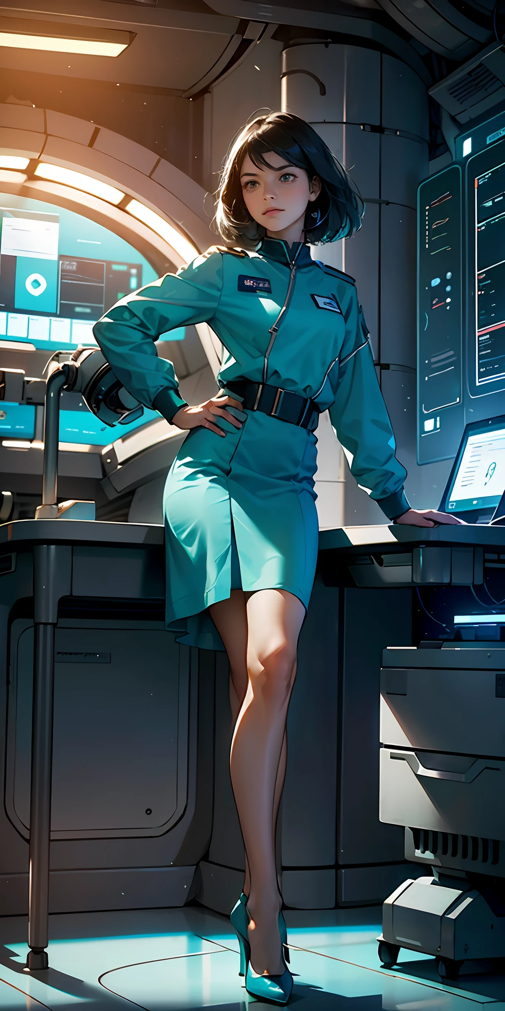 a confident woman stands leaning against a desk in a futuristic science lab, turquoise uniform, skirt above the knee, both legs visible, two feet, feet on the ground, skirt, scientist, wearing shoes, feet separate, detailed face, good face, confident expression, confidence, head slightly tilted back, looking down on the viewer, space station interior, metal surfaces