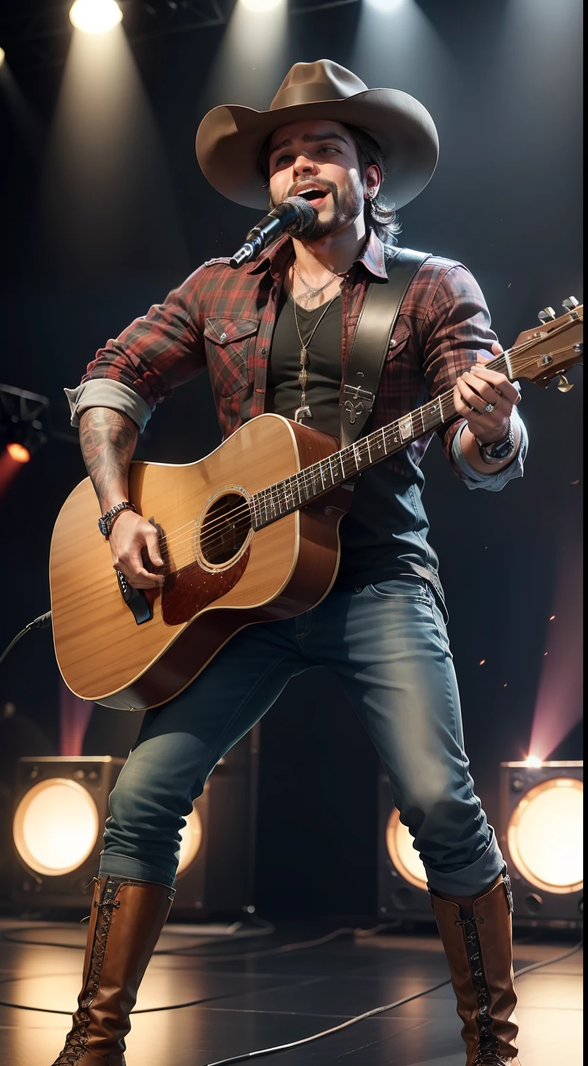 Crie uma imagem futurista de um cantor sertanejo idoso talentoso, wearing leather boots and hat and a plaid shirt, enquanto dedilha habilmente as cordas da guitarra vermelha, conveying all the excitement of the song to your fans around.