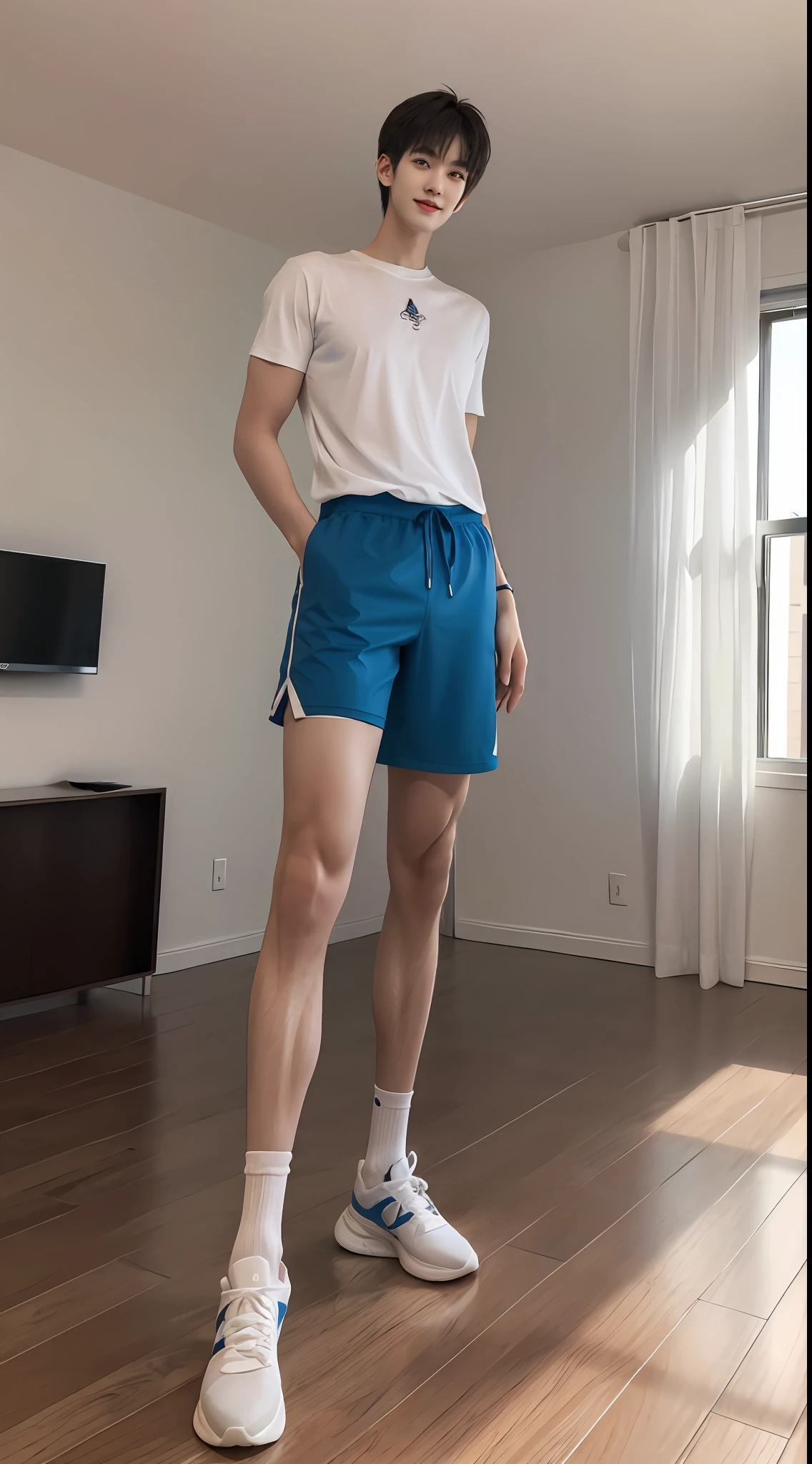 (A lovely Shota:2),(full bodyesbian:2),(Heads-up view),malefocus,looking at viewert,16 yaers old,(Tall:2),(Tall guy:2),Super tall,(Height 300 cm:2),Excellent body proportions,(Slender slender legs:2.5),Slender feet,small heads,(Lovely and pretty:2),(The face of an anime man),(Very detailed beautiful face and eyes:2),(Big bright eyes:1.2),Sharp eyeliner,Clear and beautiful face,with short black hair,(Correct facial features),(tilts your head:1.5),(having fun,grinning smile),(Short sleeves for men:2),shorter pants,Muscle firming,Strong,(Wide shoulders and narrow waist:2.2),Sports men's socks,Basketball shoes,Detailed muscle texture,Highlights muscle structure,Have in the living room,(sitted:4),(full length shoot),Stay away from the lens,Show full body surrealism, (Photorealistic detail), Incredible accuracy, lifelike textures, masterful technique, Jaw-dropping precision, artistic dedication,(anatomy correct),Good lighting,exquisite detailing,Best quality,stunning masterpiece,CG