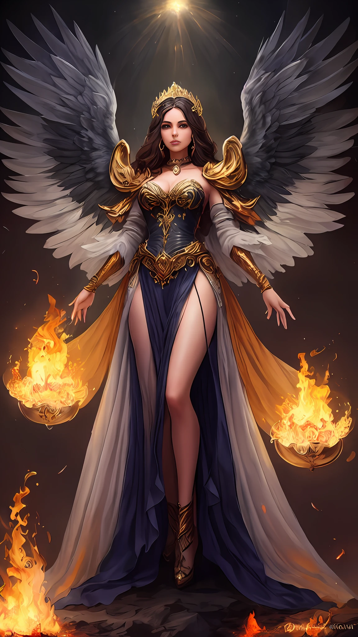 Una mujer con un vestido con alas y una corona en la cabeza, con ardientes alas doradas en llamas, full - body majestic angel, fantasy art behance, aparece como la diosa del fuego, Diosa de la ira, beautiful female angel, Immensely beautiful female angel, Diosa del Fuego, profundamente hermoso, Ganador del concurso CGSOCIETY!!, (face of Eiza González Reyna: actriz y cantante mexicana) Ganador del concurso CGSOCIETY!!!, Tendencia en art-station y concepto de arte, gran obra maestra,