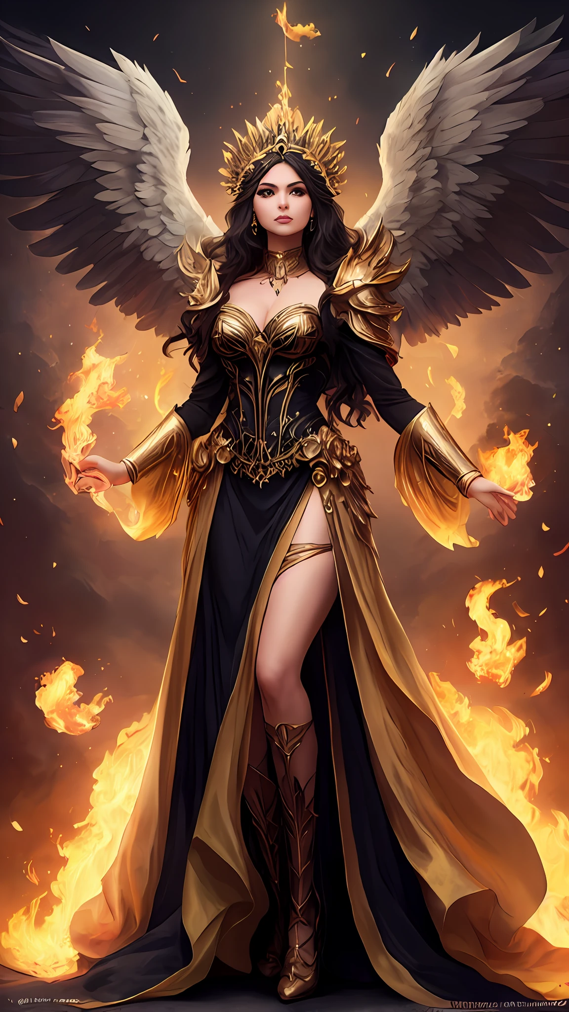 Una mujer con un vestido con alas y una corona en la cabeza, con ardientes alas doradas en llamas, full - body majestic angel, fantasy art behance, aparece como la diosa del fuego, Diosa de la ira, beautiful female angel, Immensely beautiful female angel, Diosa del Fuego, profundamente hermoso, Ganador del concurso CGSOCIETY!!, (face of Eiza González Reyna: actriz y cantante mexicana) Ganador del concurso CGSOCIETY!!!, Tendencia en art-station y concepto de arte, gran obra maestra,