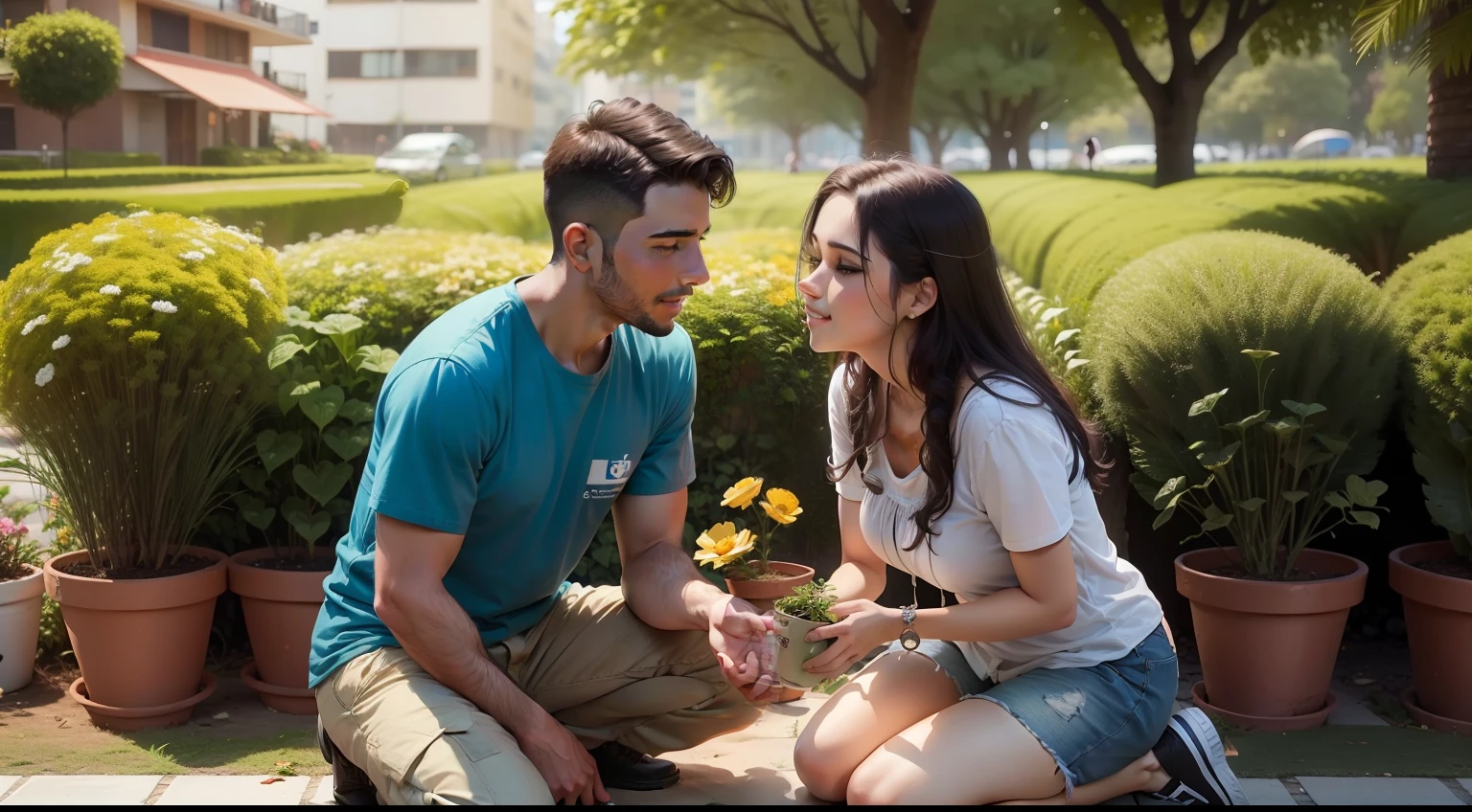 um jovem casal, plantando flores no jardim