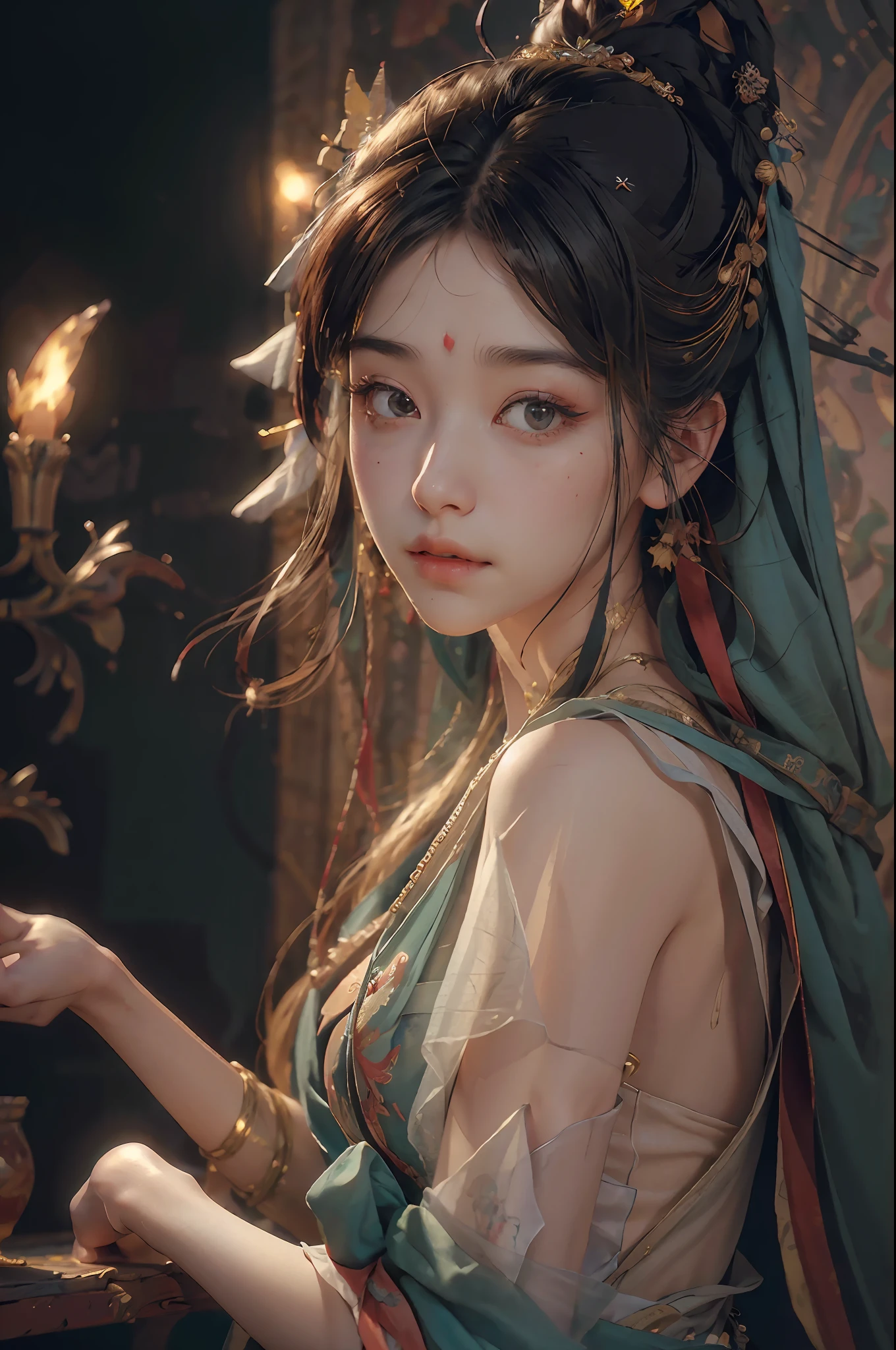 (RAW photo, best quality), (realistic, photo-realistic:1.3),best quality,highly detailed,masterpiece,ultra-detailed,illustration,1girl,upper_body,dynamic angle,world masterpiece theater,messy_long_hair,best quality,extremely detailed CG unity 8k wallpaper,ink,Amazing,cinematic lighting,lens_flare, dunhuang_style