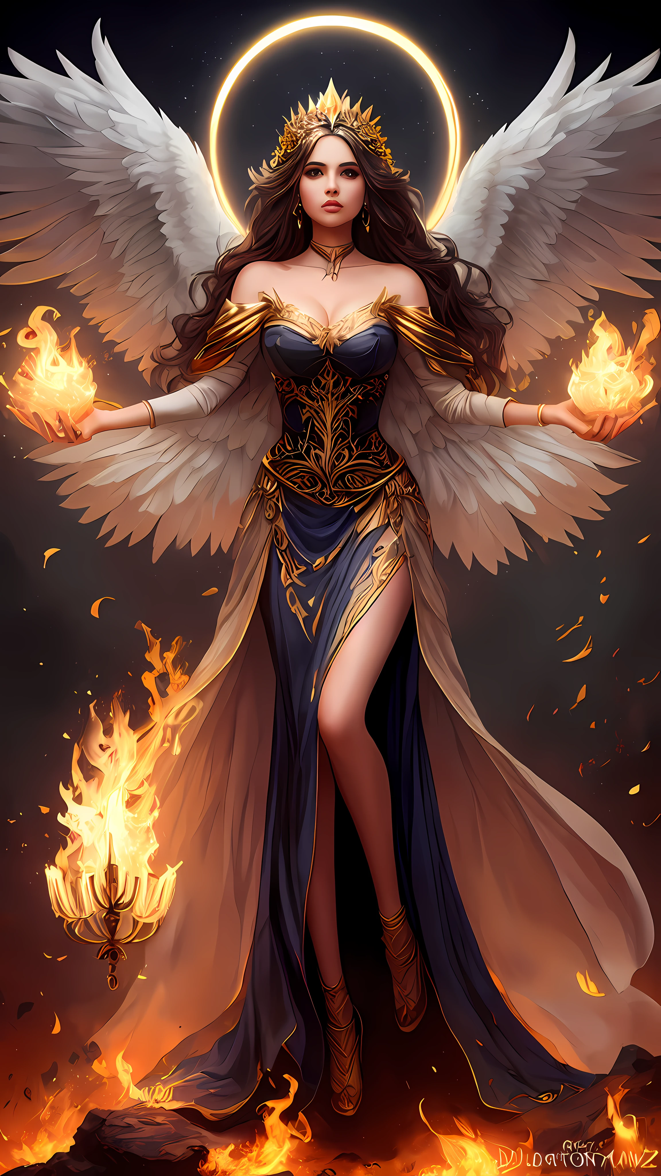 Una mujer con un vestido con alas y una corona en la cabeza, con ardientes alas doradas en llamas, full - body majestic angel, fantasy art behance, aparece como la diosa del fuego, Diosa de la ira, beautiful female angel, Immensely beautiful female angel, Diosa del Fuego, profundamente hermoso, Ganador del concurso CGSOCIETY!!, (face of Eiza González Reyna: actriz y cantante mexicana) Ganador del concurso CGSOCIETY!!!, Tendencia en art-station y concepto de arte, gran obra maestra,