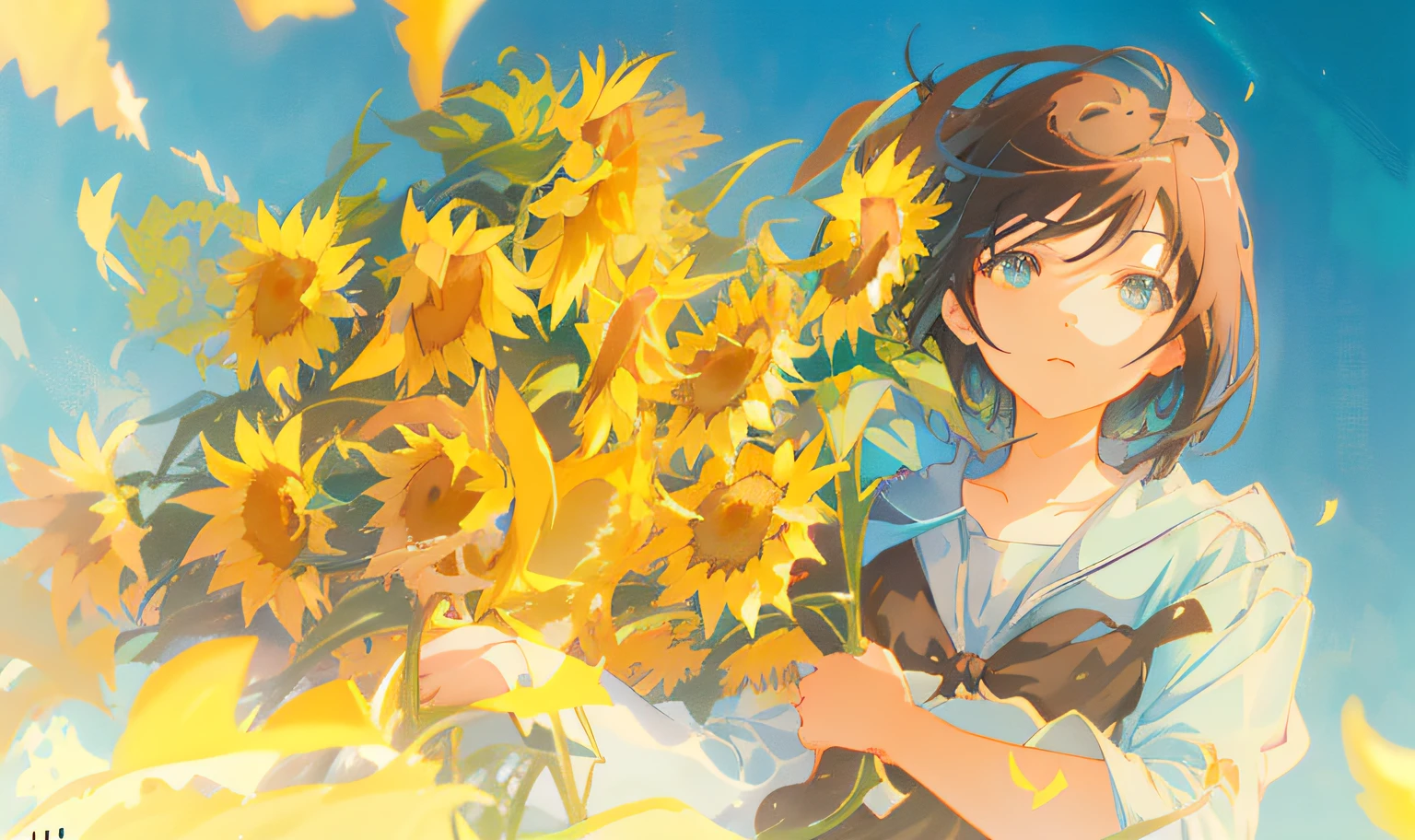Anime girl holding a bunch of sunflowers in front of blue sky, beautiful sunflower anime girl, makoto shinkai art style, Makoto Shinkai Cyril Rolando, style of anime4 K, Makoto Shinkai!, Makoto Shinkai!!, 4k manga wallpapers, Makoto Shinkai. a digital rendering, ( ( Makoto Shinkai ) )