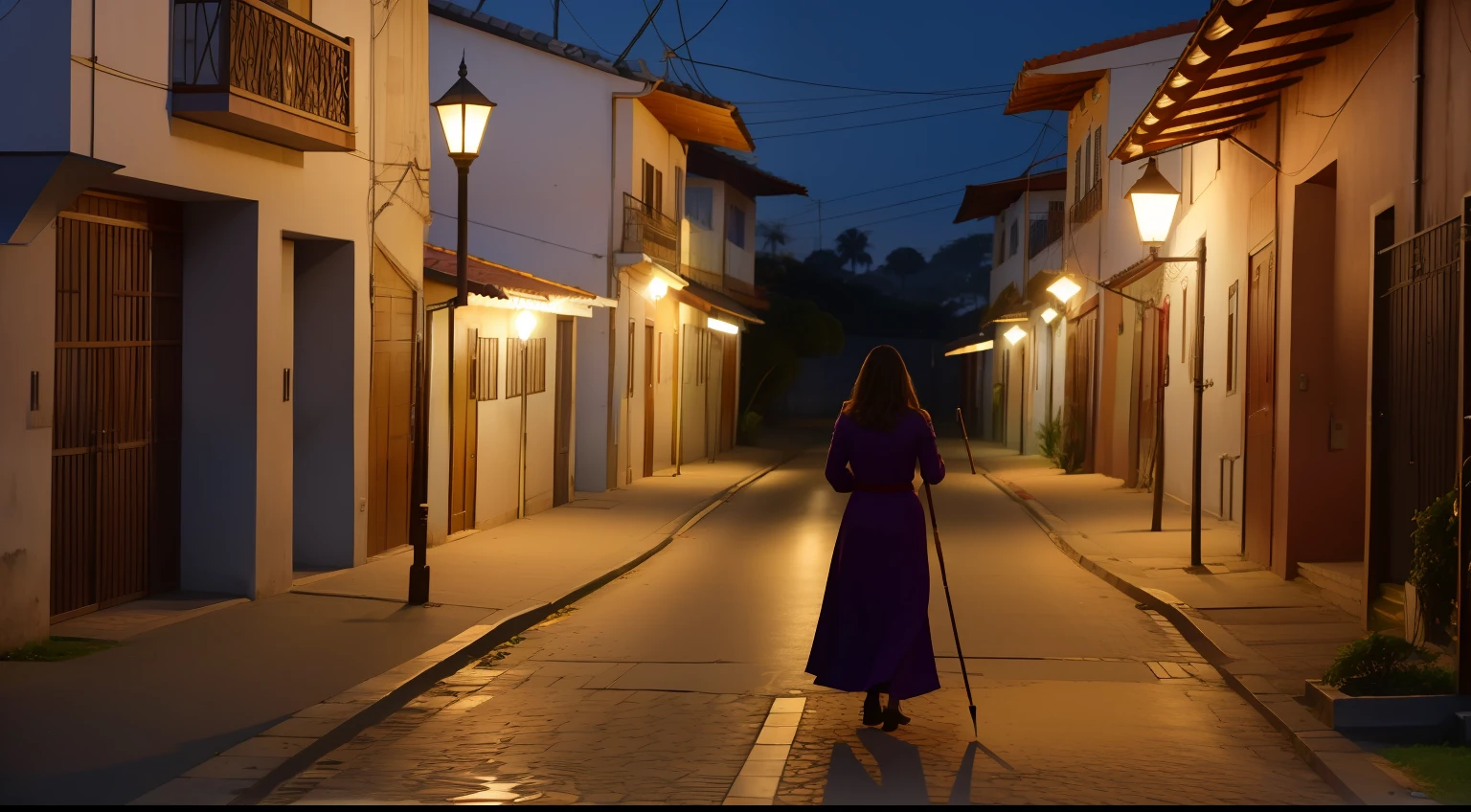 There's a woman who's standing on a sidewalk with a cane, com bengala, Muletas, do lado de fora de uma casa, segurando uma bengala, in front of the house, Beautiful image, membros artificiais, Directed by: Jakob Gauermann, in the nighttime, recuperando-se da dor, Divirta-se, Imagem absolutamente excepcional, usando um exoesqueleto