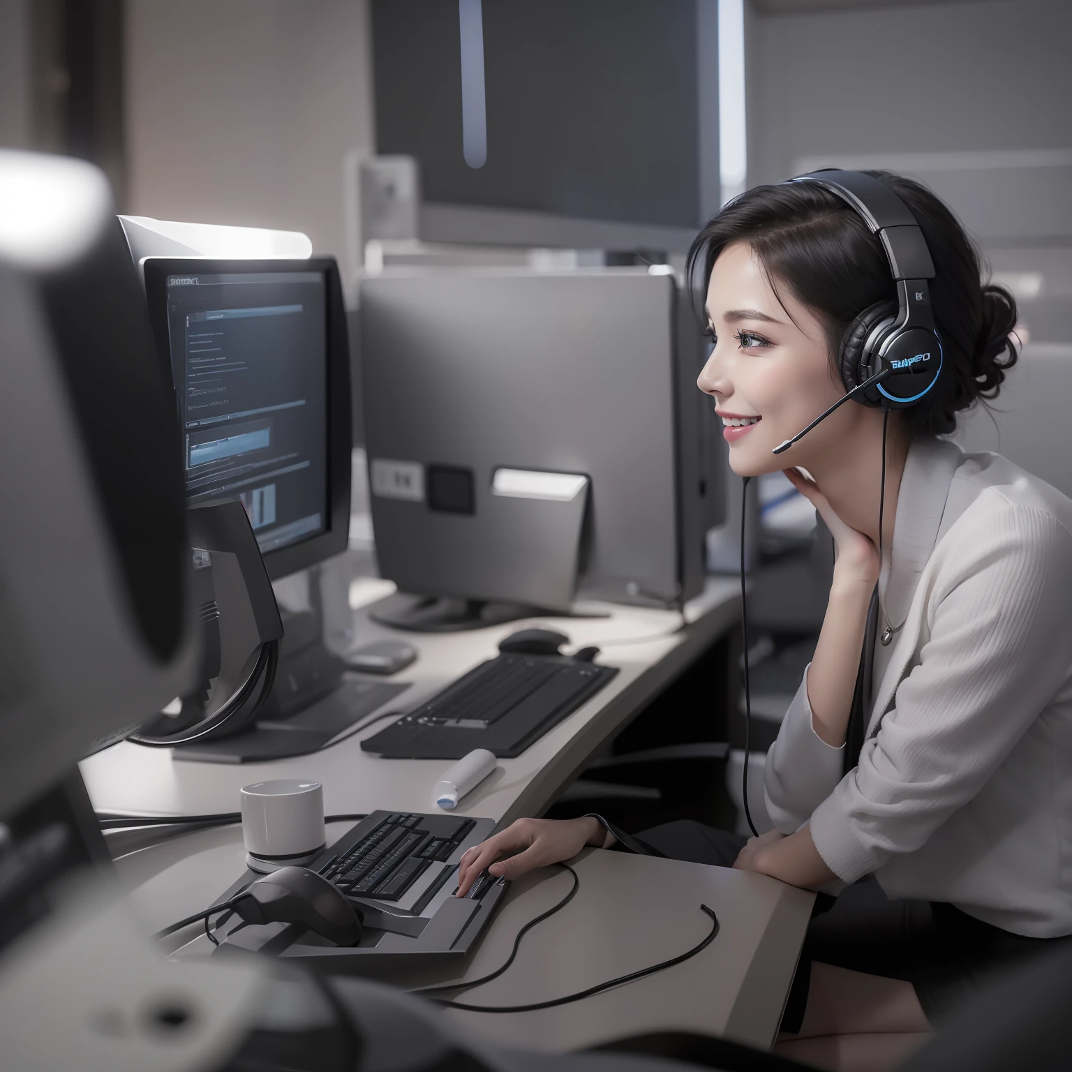 ((Top Quality,8k,32k,Masterpiece:1.2)),black and white image,1 woman,sit infront of raptop computer,with headset,microphone,short black hair, blue eye,business style, see us,smile happy,speak to me,at call centre,the age around 40
