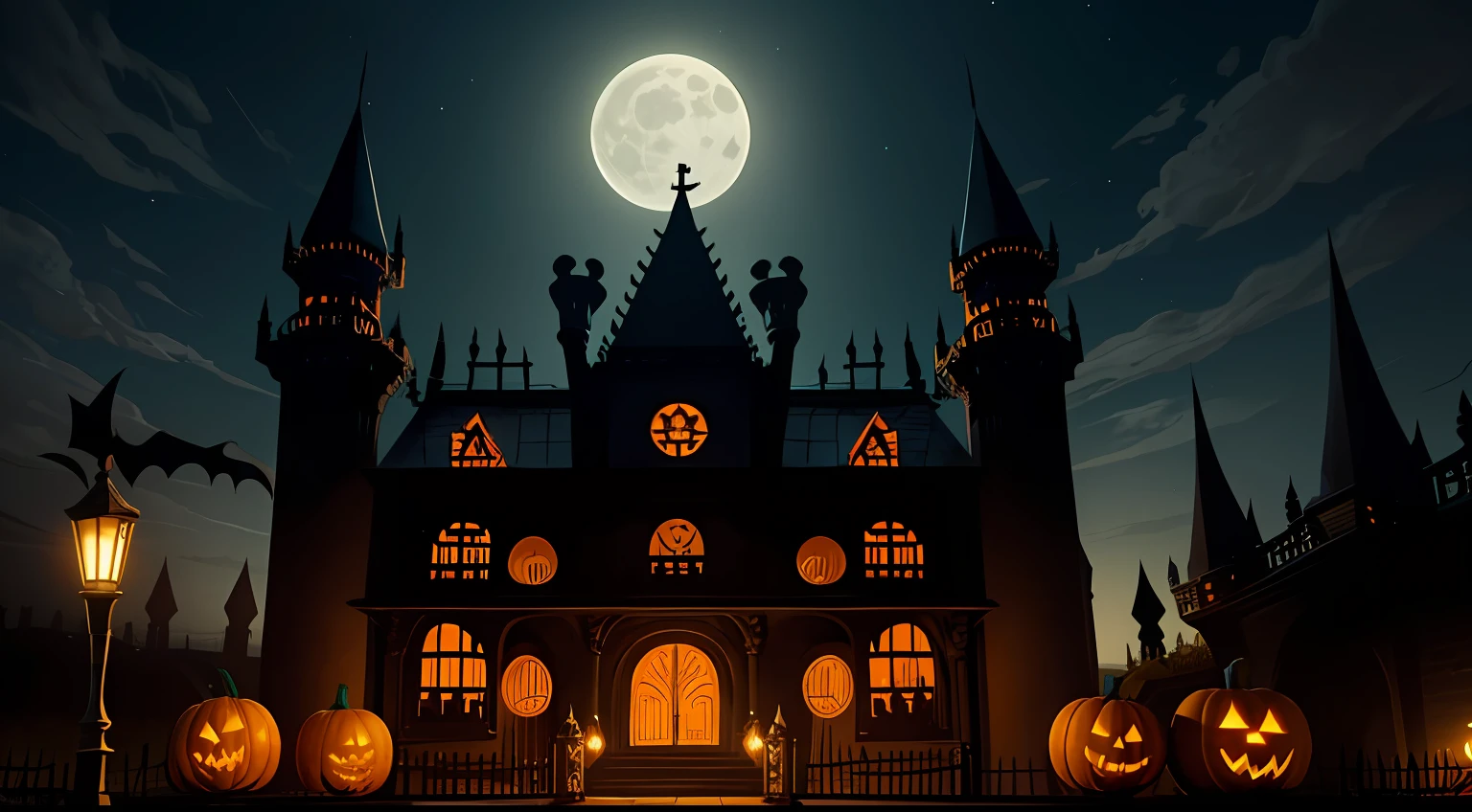Create a  Pumpkin King's palace. Towering pumpkins stand guard as the pumpkin King emerges from the palace, granting wishes to Halloween visitors, on a dark night with a full Moon