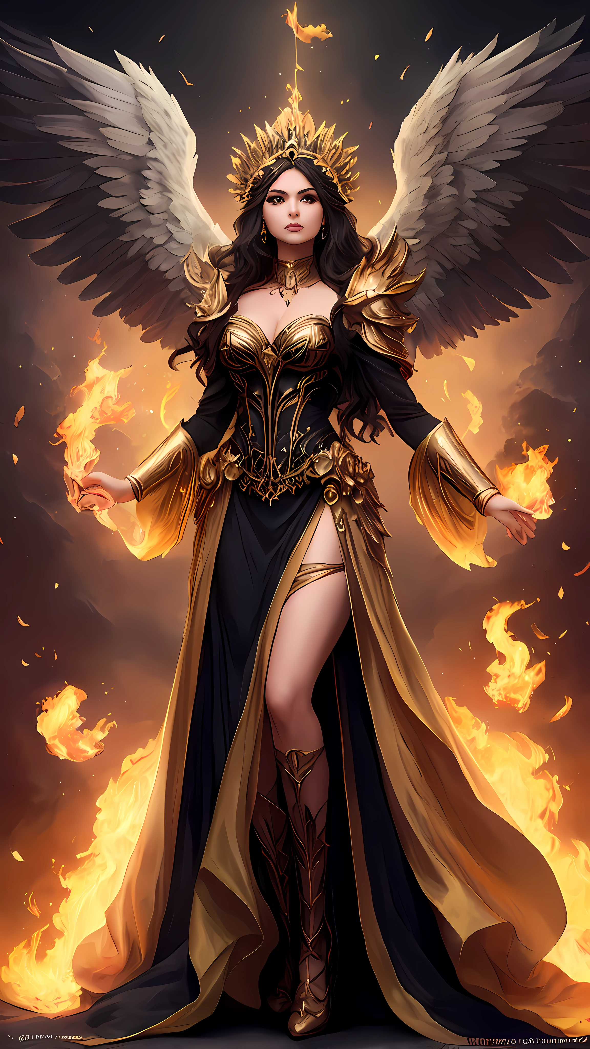 Una mujer con un vestido con alas y una corona en la cabeza, con ardientes alas doradas en llamas, full - body majestic angel, fantasy art behance, aparece como la diosa del fuego, Diosa de la ira, beautiful female angel, Immensely beautiful female angel, Diosa del Fuego, profundamente hermoso, Ganador del concurso CGSOCIETY!!, (face of Eiza González Reyna: actriz y cantante mexicana) Ganador del concurso CGSOCIETY!!!, Tendencia en art-station y concepto de arte, gran obra maestra,