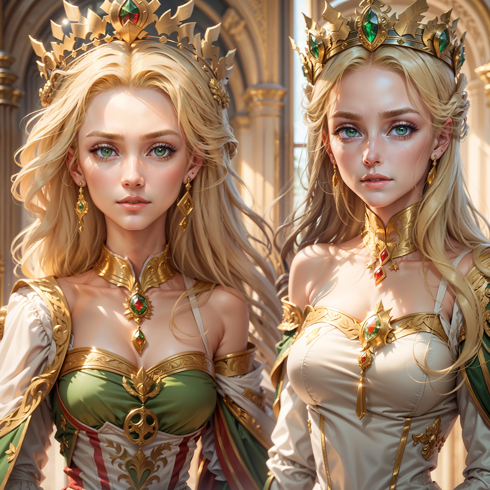 1 girl, (25 years), blond hair, Green eyes, (The perfect European noble face: 1.1), (Maximum picture quality: 1.1), (perfect figure: 1.1), royal clothing, Royal regalia, golden crown, Inside the palace, high cheekbones, pronounced cheekbones.