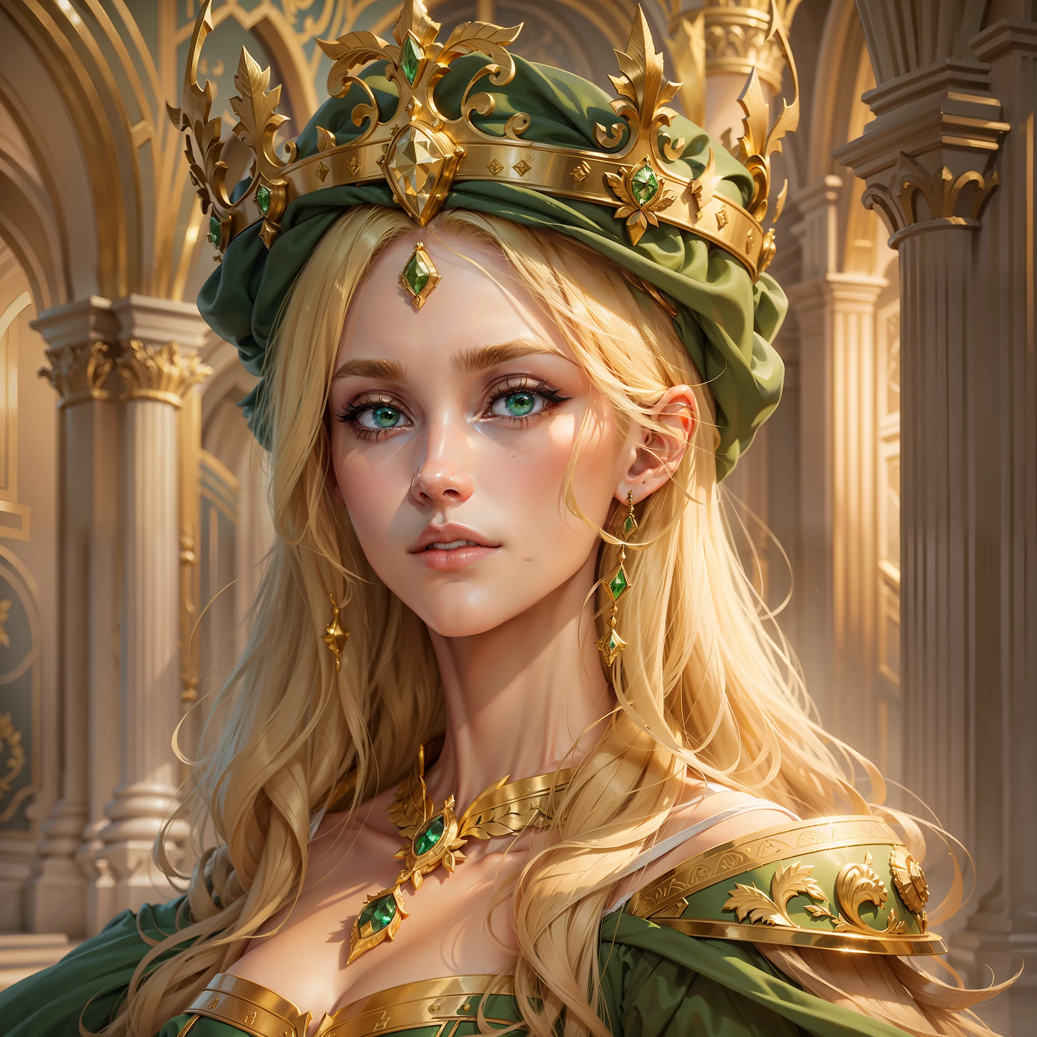 1 girl, (25 years), blond hair, Green eyes, (The perfect European noble face: 1.1), (Maximum picture quality: 1.1), (perfect figure: 1.1), royal clothing, Royal regalia, golden crown, Inside the palace, high cheekbones, pronounced cheekbones.