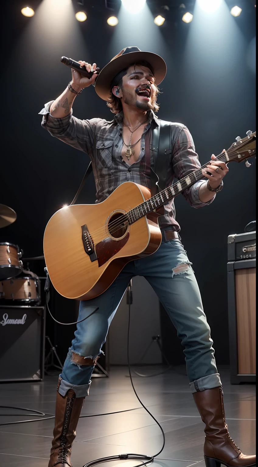 Crie uma imagem futurista de um cantor sertanejo ja bem velho talentoso, wearing leather boots and hat and a plaid shirt, enquanto dedilha habilmente as cordas da guitarra vermelha, conveying all the excitement of the song to your fans around.