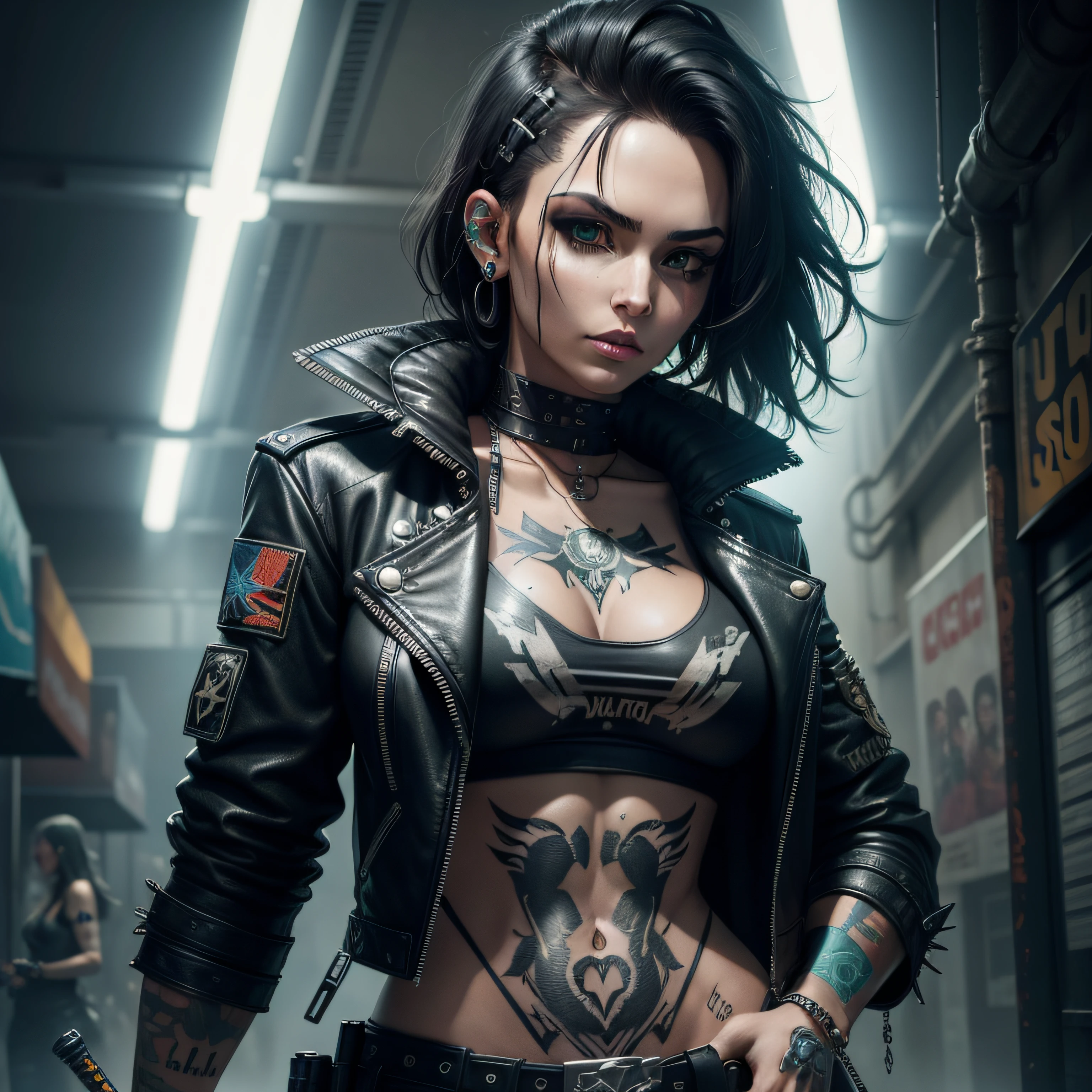 mulher cyberpunk com caveira tatoo, sword and claw in left hand, leather jacket, seis a mostra, olhos vermelhos, cabelo militar raspado