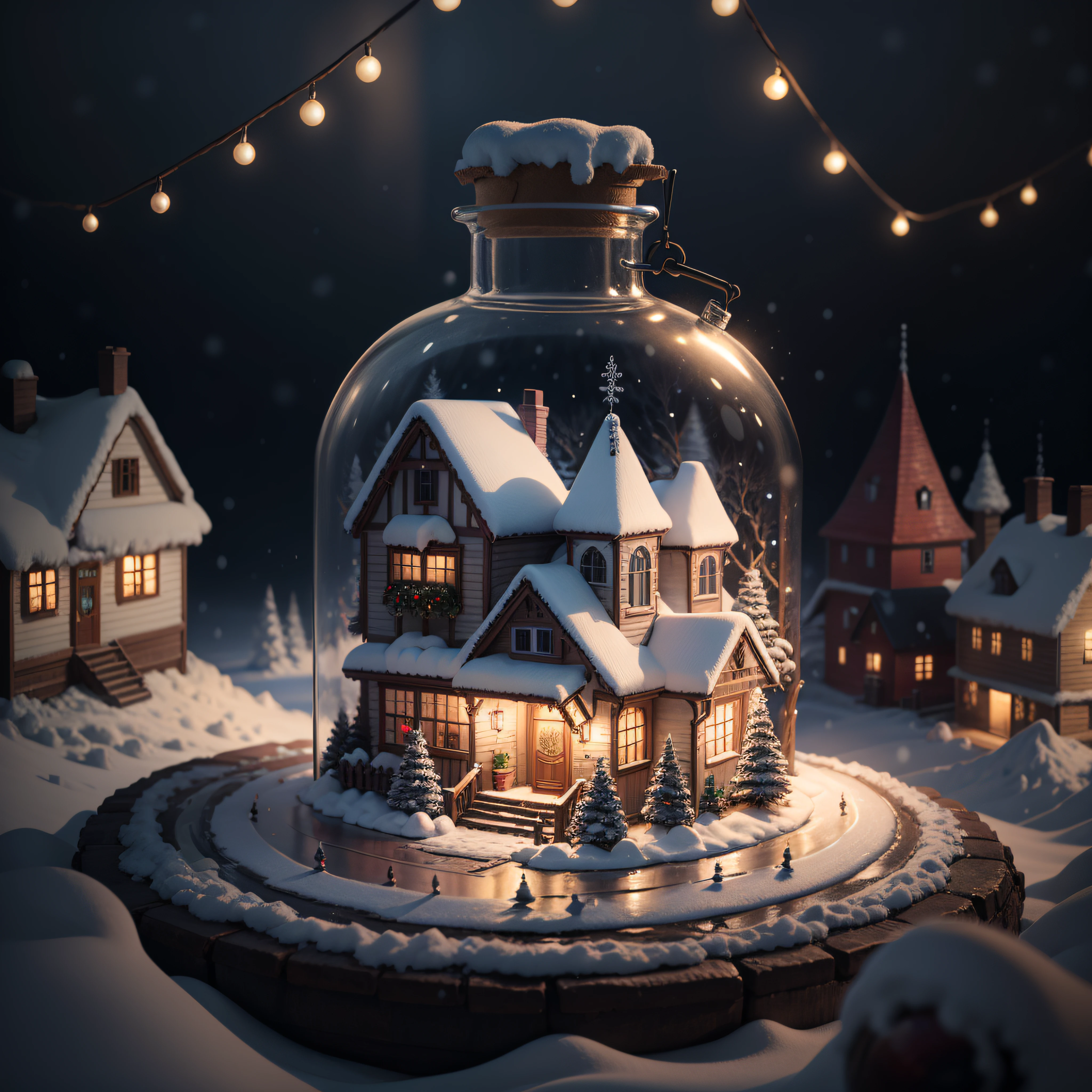 (Landscape of complex Christmas mini-town trapped in a bottle)、Atmospheric Oliva Lighting、On the snow、4K UHD、dark ambiance、Highly detailed and vibrant colors、Magnificent composition、rendering octane、foco nítido、high-resolutionisometric,Yuki