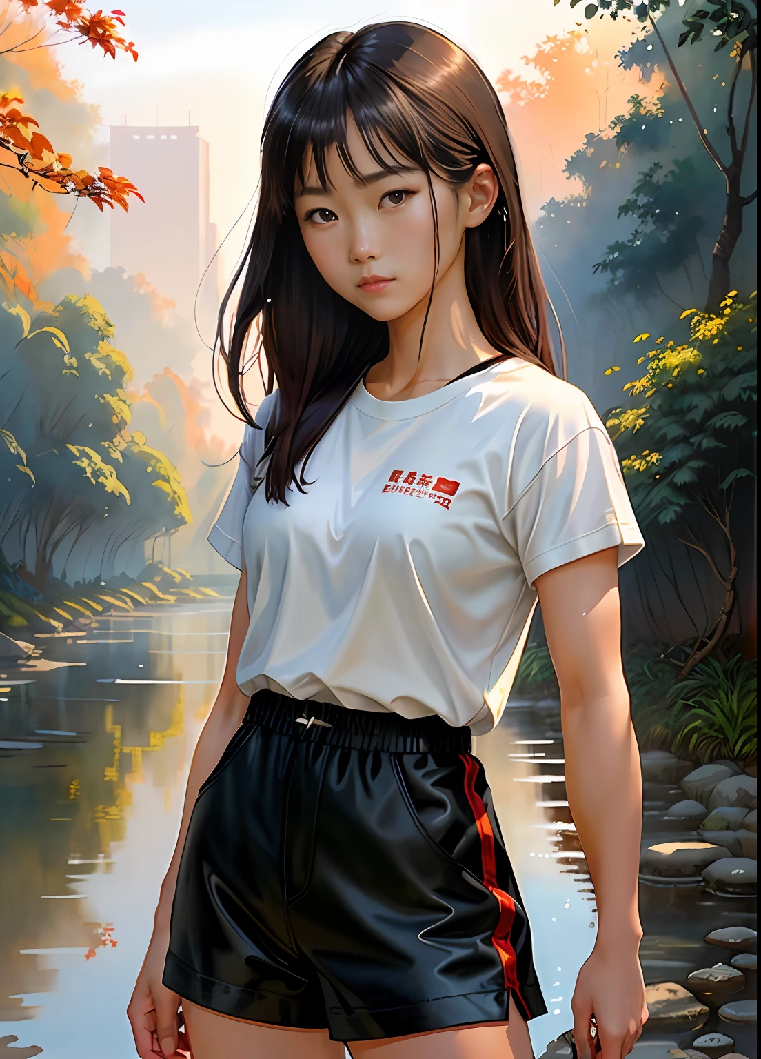 a drawing, by Steve Hanks《a Chinese woman》,(white t-shirt), (short pans in black), (sports shoes in red), (Muscle lines are pronounced),(standing in the jungle), (The setting sun shines obliquely),Full body appearance, Luminous design,pastelcolor,the watercolor style,Splash ink,Ink drops,Autumn lights