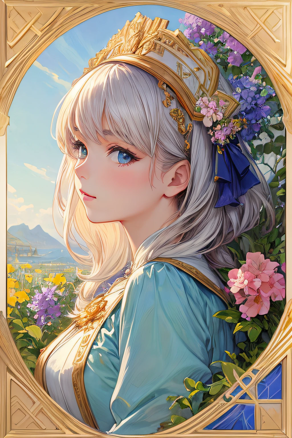 (masterpiece, best quality, detailed beautiful:1.2), (perfect sketch, detailed clothes, detailed eyes), Krenz Kchart style, Alphonse Mucha style, (1girl), solo, (looking left), dressed like nordic goddess, (portrait, shot from side), a lot of flowers in the frame,